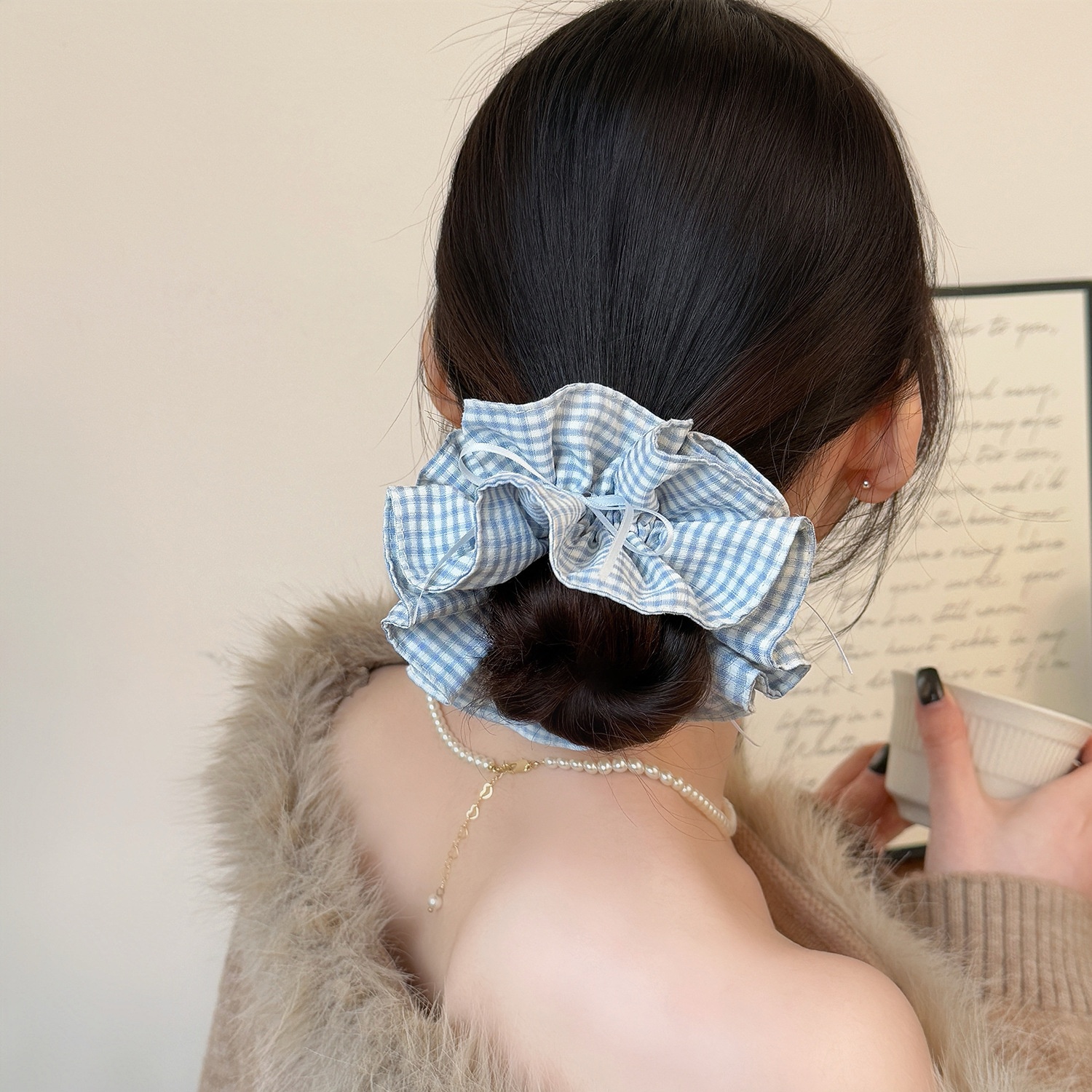 Women's Sweet Spring Soft Cloth Bowknot Hair Tie Accessory Blue Plaid