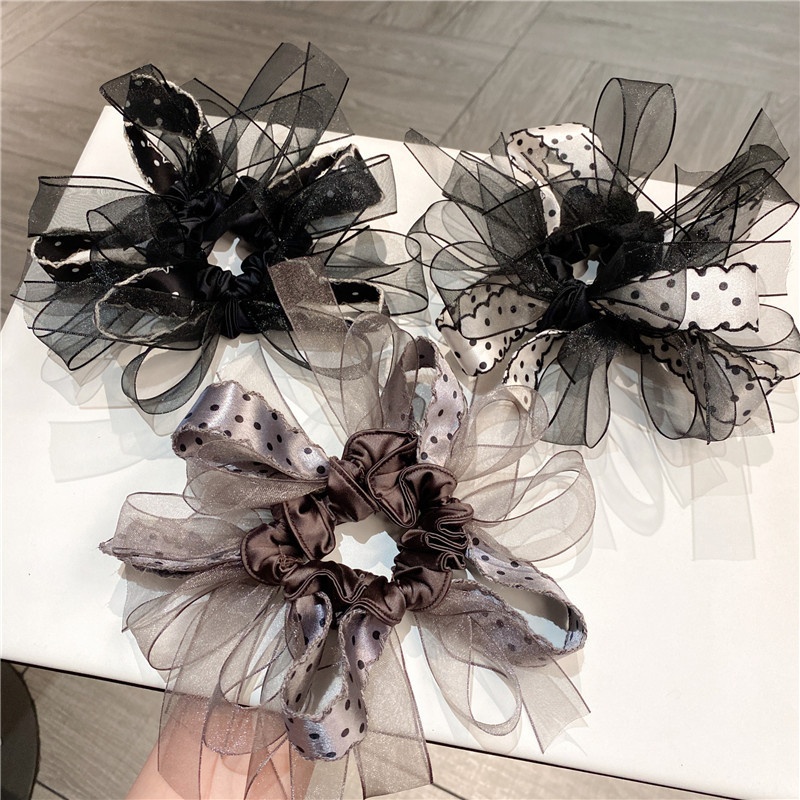 Women's Voluminous Gauze Lazy Hair Scrunchie Polka Dot Bow Knot