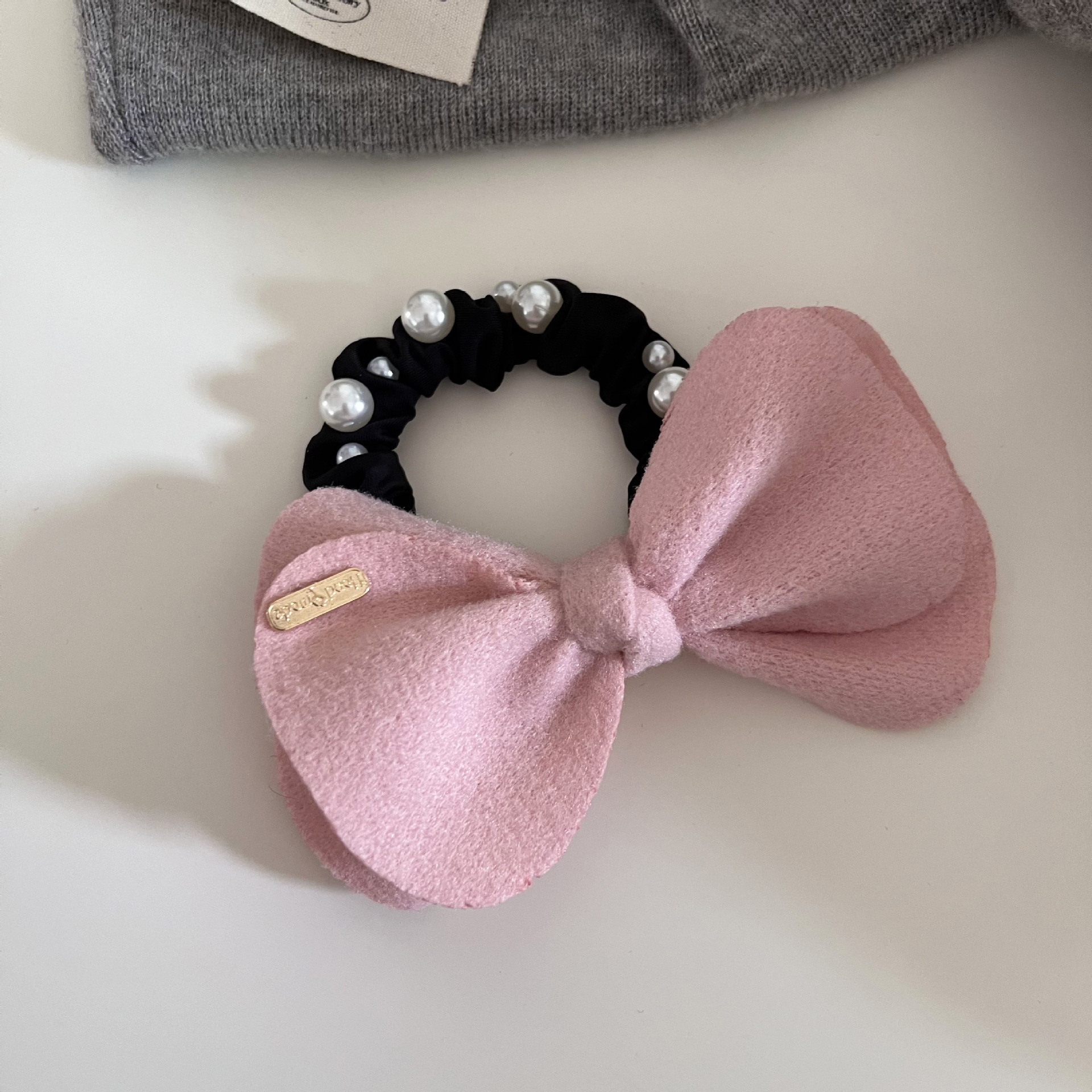 Women's Cute Woolen Pearl Ponytail Hair Tie Autumn Winter Bow Knot