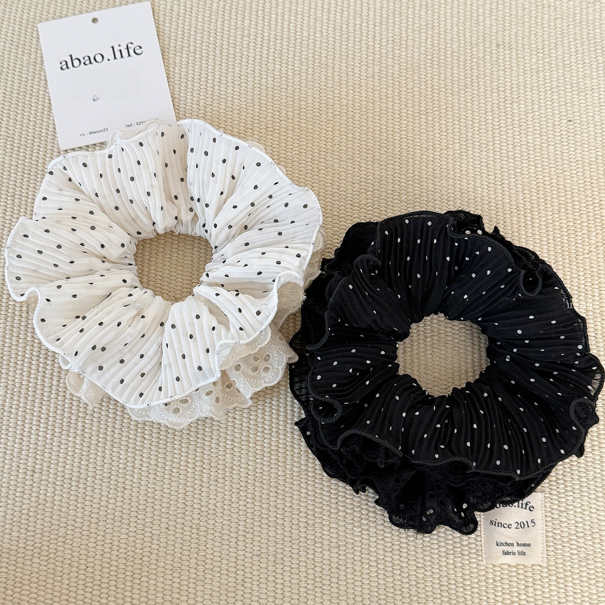 Women's Lace Scrunchie Hair Tie For Elegant Looks Black White Polka Dots
