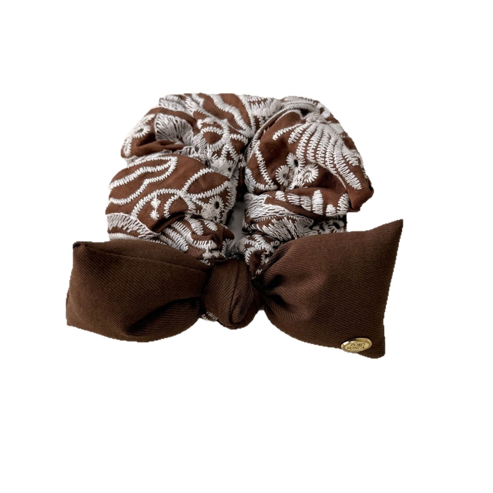 Women's Vintage Winter Cloth Bow Bun Hair Tie Embroidered Coffee Blue