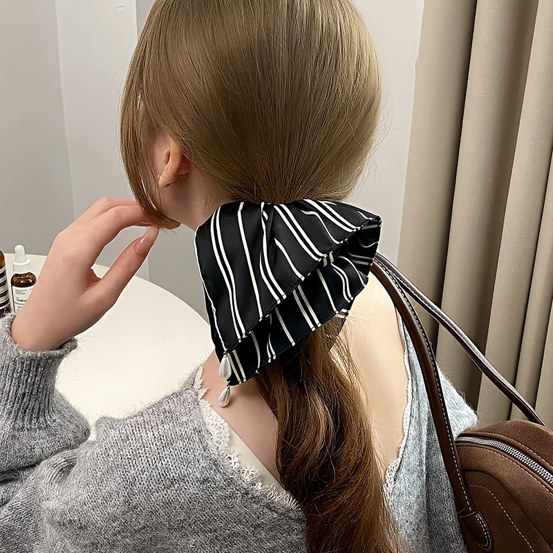 Women's All-Season Soft Satin Pearl Hair Tie Striped Beige Black