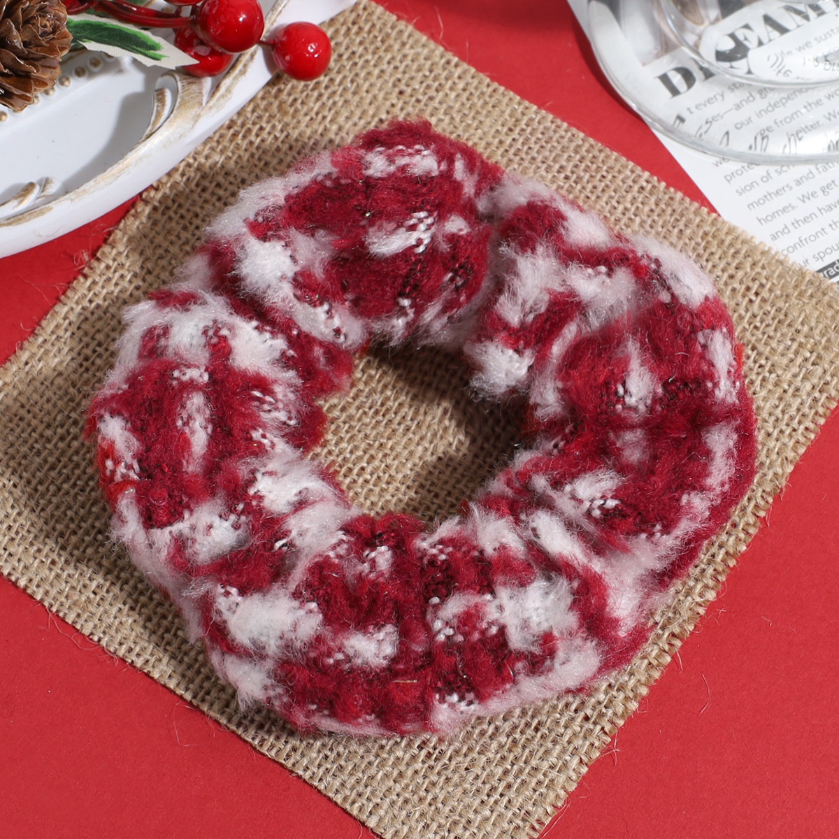 Women's Autumn Winter Fluffy Knit Hair Scrunchie Classic Red Plaid