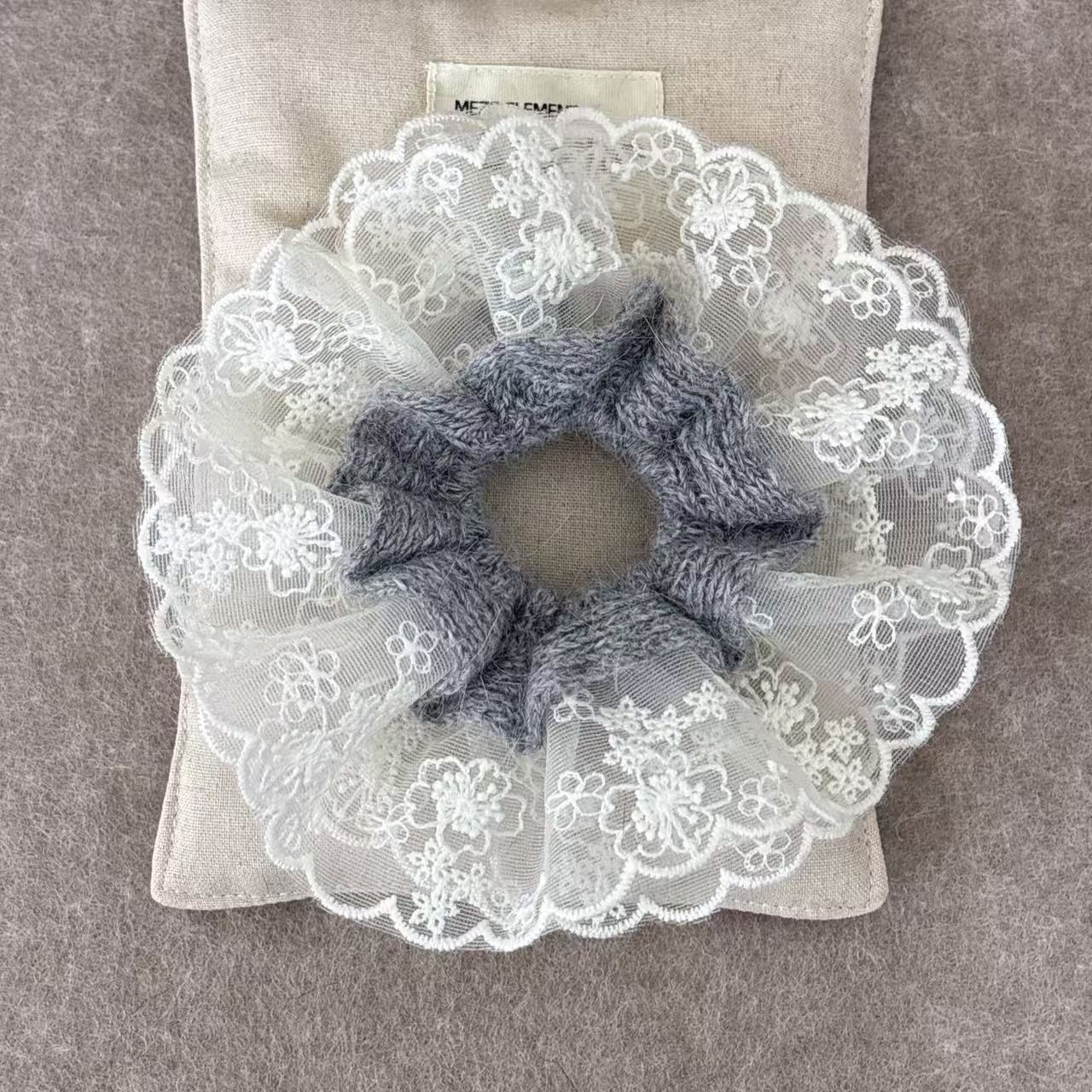 Women's Gray Knitted Lace Hair Ties Autumn Winter Fashionable Ponytail Bands