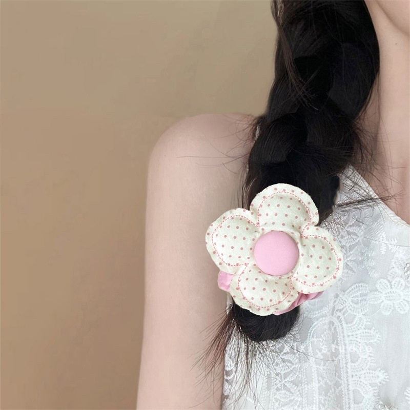 Women's Sweet Spring Fabric Hair Scrunchie Pink Ditsy Floral Polka Dots