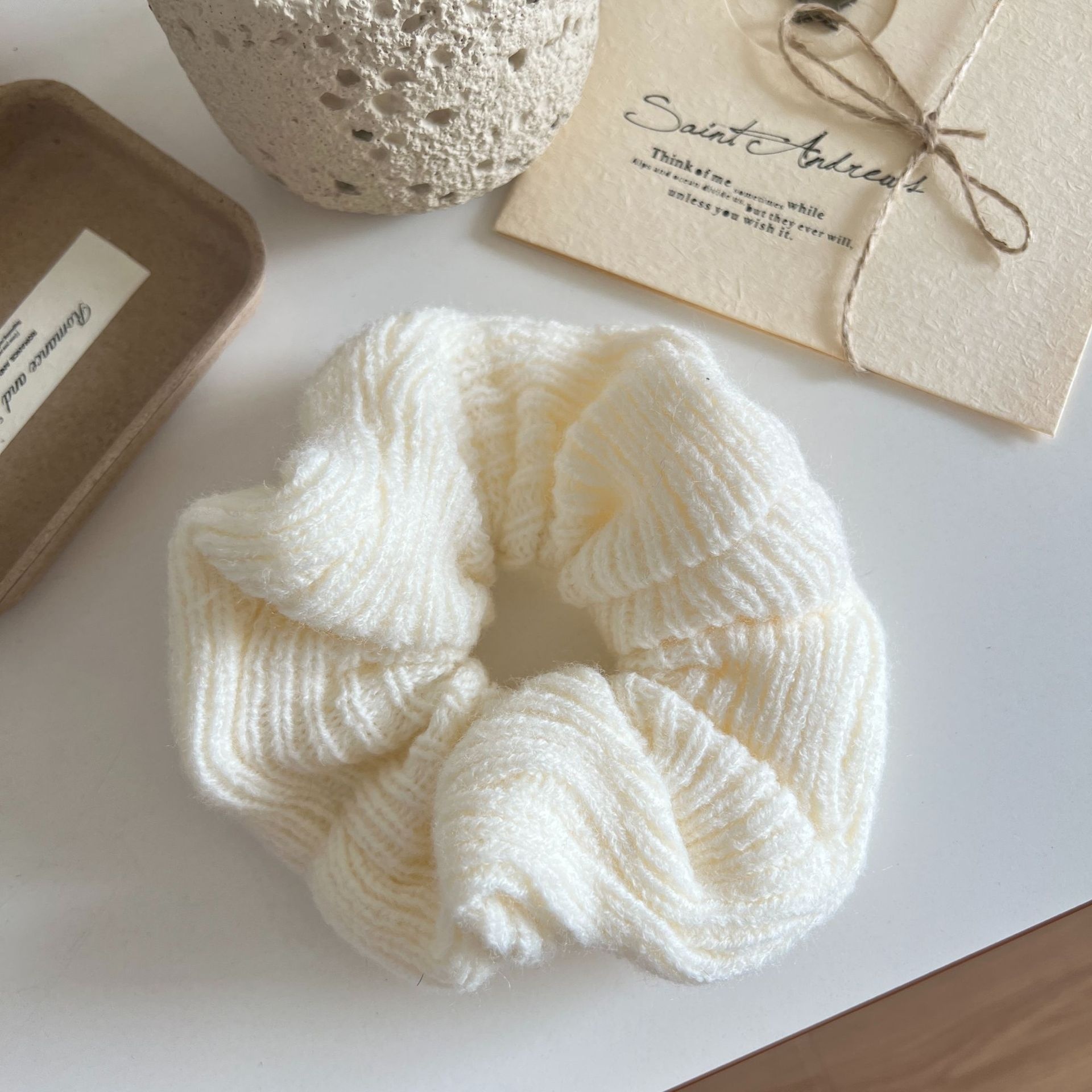 Women's Retro Knitted Pleated Elastic Hair Scrunchie Solid Coffee Color