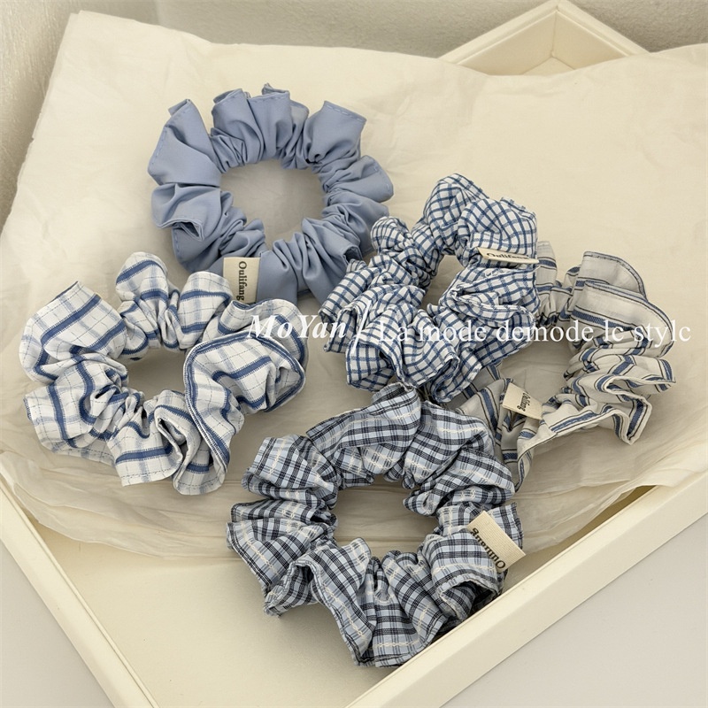 Women's All Season Cloth Hair Scrunchies Blue White Checkered Plaid