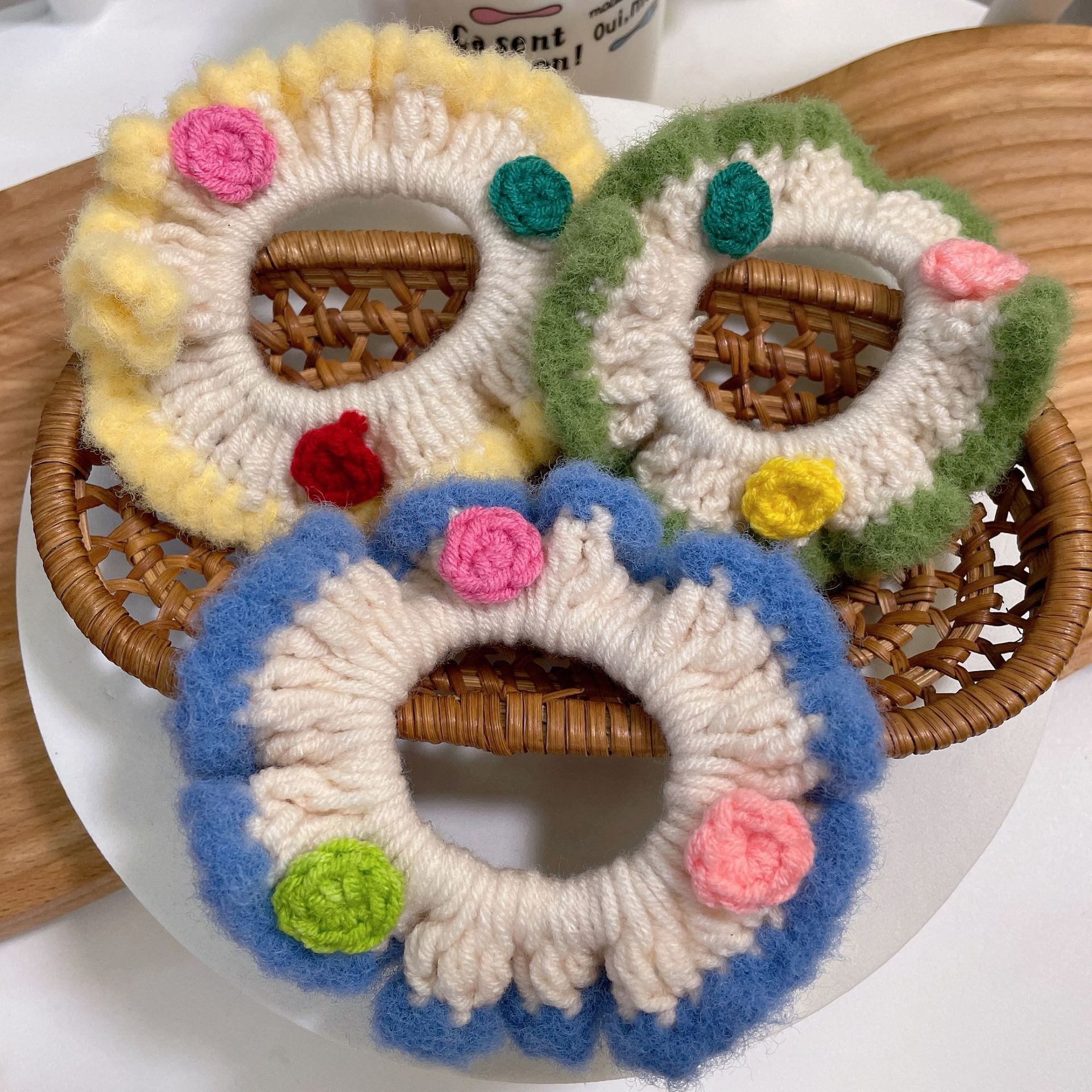 Girls Winter Hand Knitted Flannel Scrunchie Hair Tie Solid Color