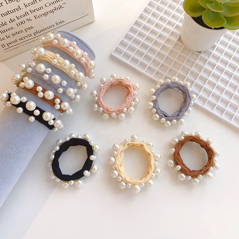 Women's Milk Tea Oval Pearl Hair Ties Seamless Elastic Handmade Towel Rings