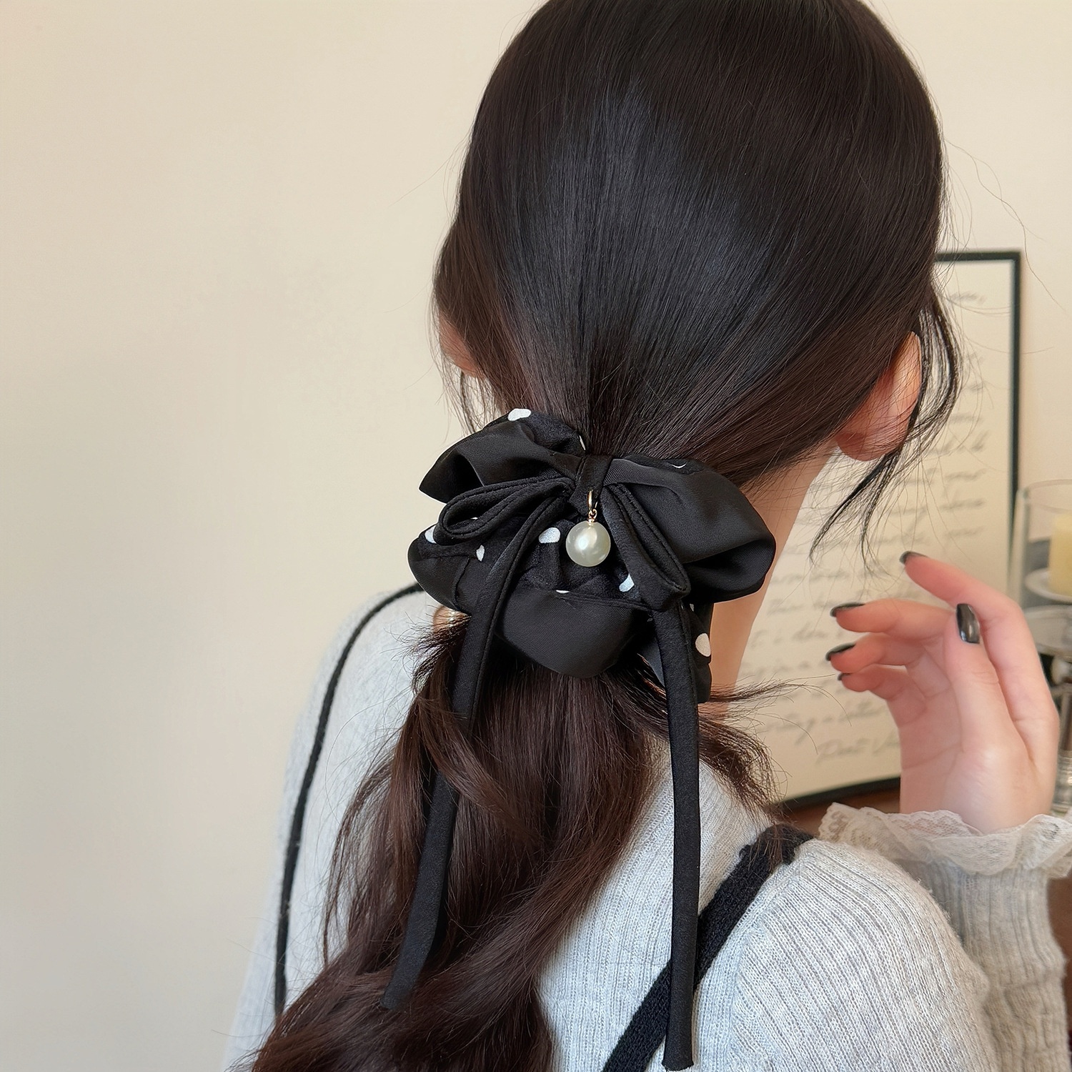 Women's Elastic Pearl Bow Cloth Hair Tie For Buns Black Red Polka Dot