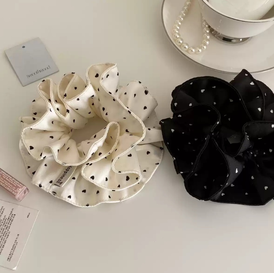 Women's French Style Soft Polyester Hair Tie White Black Heart Polka Dots