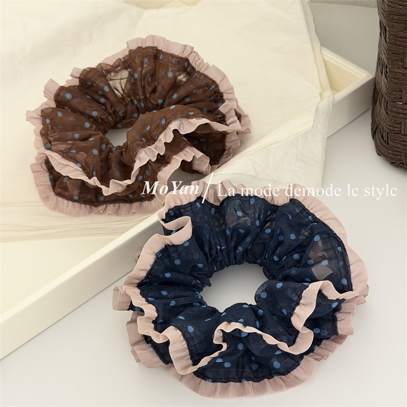 Women's Daily Soft Gauze Hair Scrunchie Navy Blue Polka Dots
