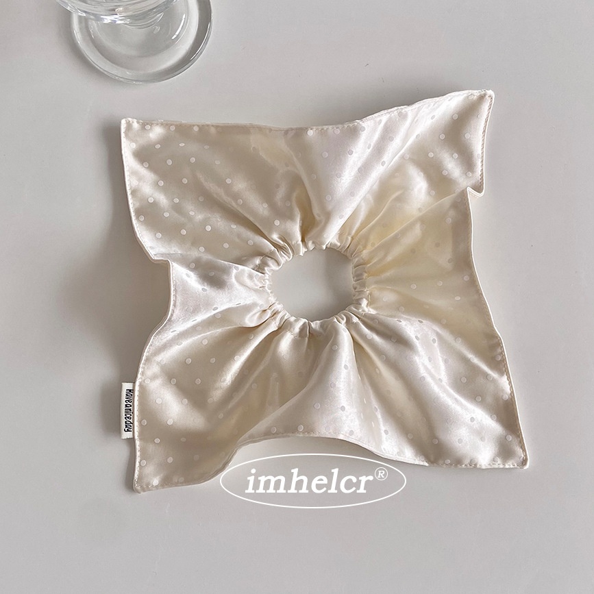 Women's Spring Summer Satin Scrunchie Hair Tie Beige Polka Dots