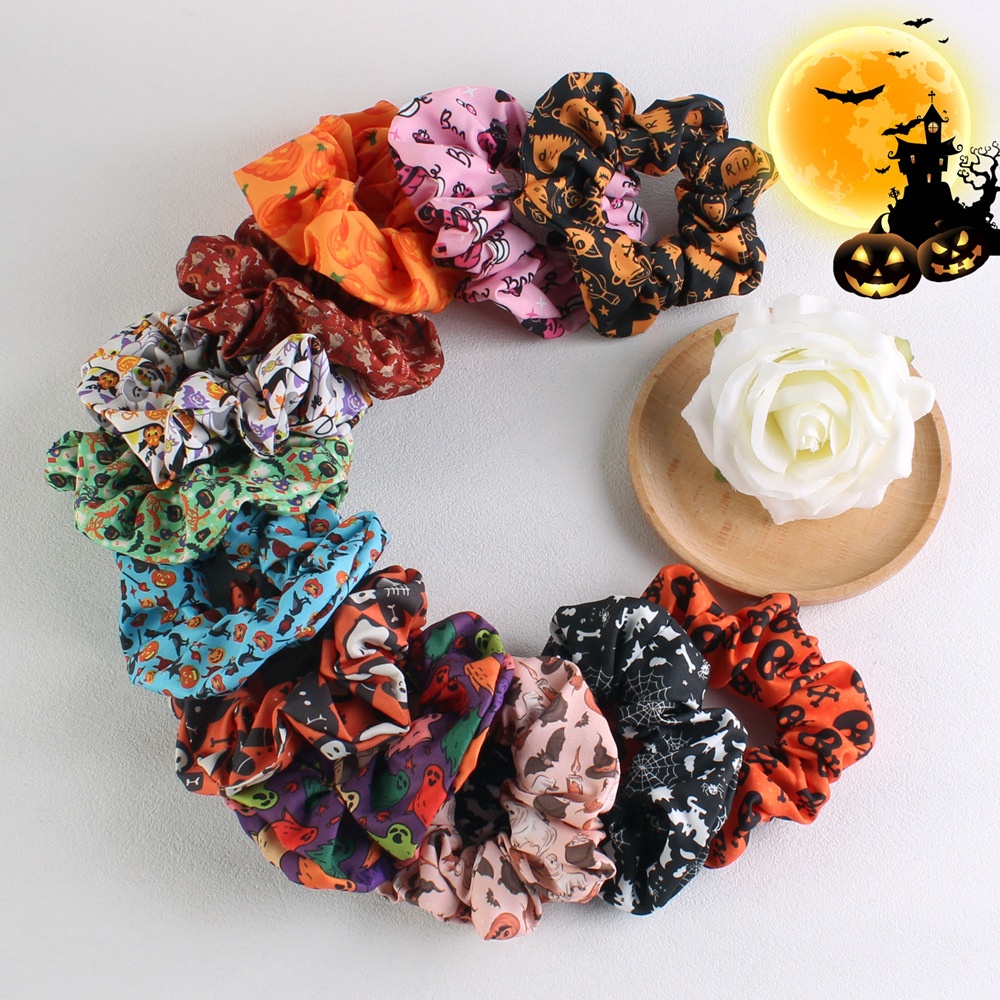 Women's Halloween Skeleton Pumpkin Hair Ties Large Skull Fabric Headwear