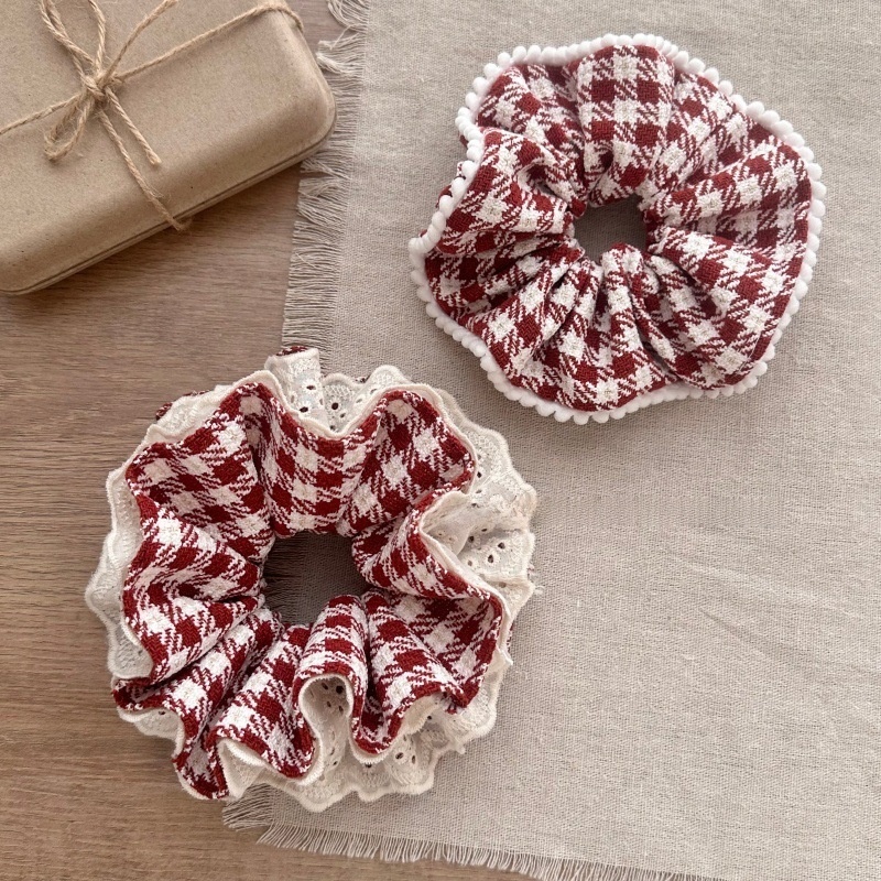 Ladies Christmas Cotton Multi-Layer Hair Tie Scrunchie Red Plaid