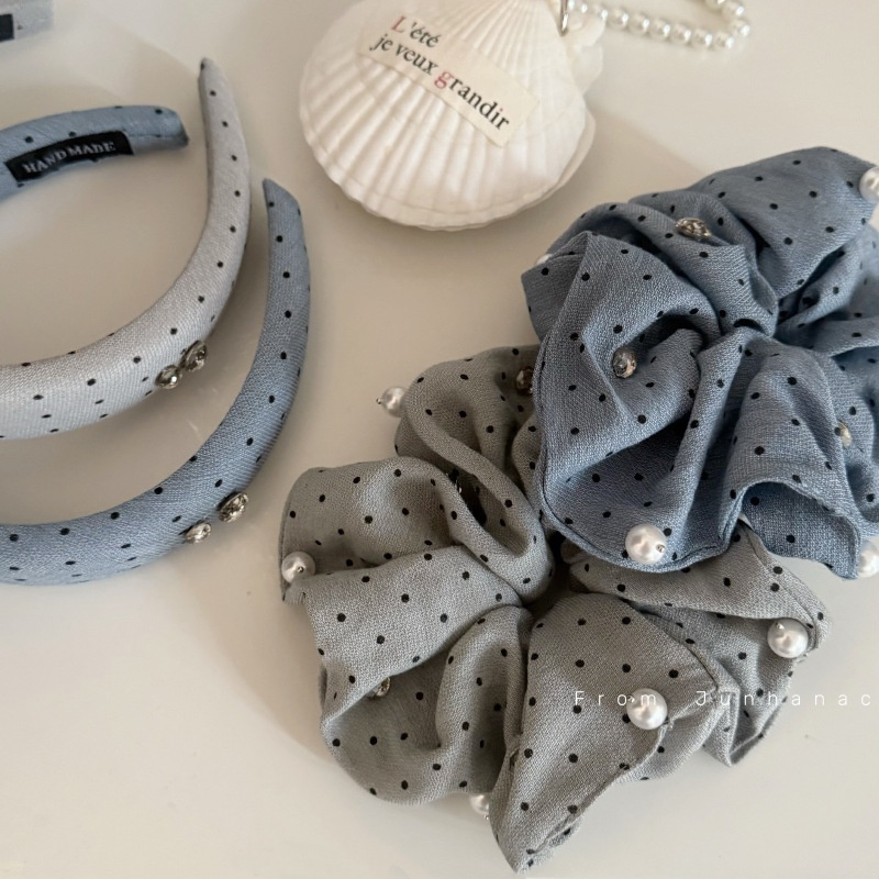 Women's French Style Spring Pearl Cloth Hair Band Blue Polka Dots