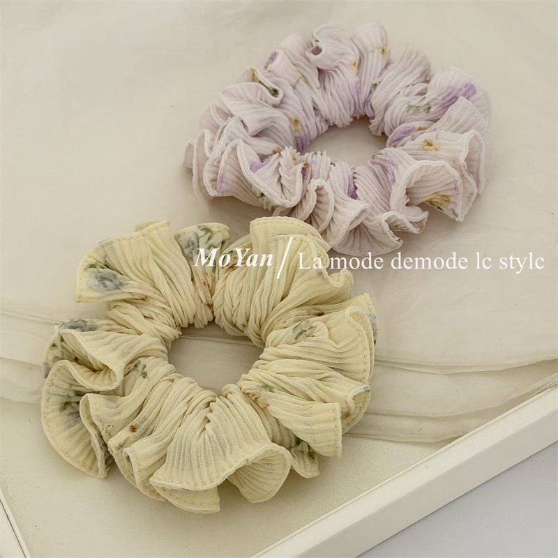 Women Chiffon Hair Tie Sweet Ditsy Floral Spring Accessory White Beige