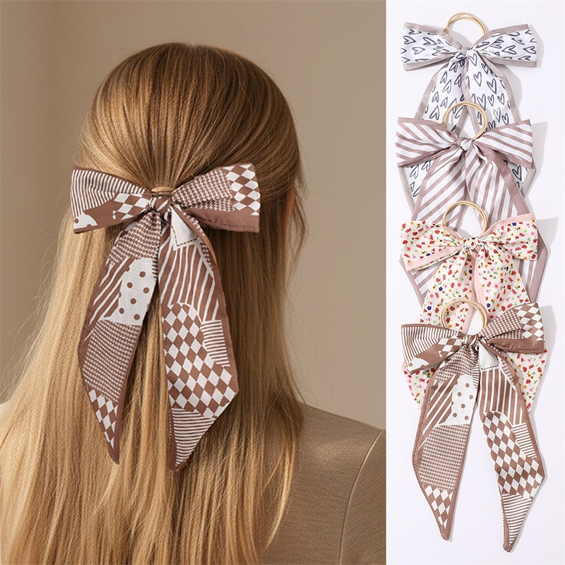 Women's Satin Bow Hair Tie Scarf Headband Black Striped Floral Plaid