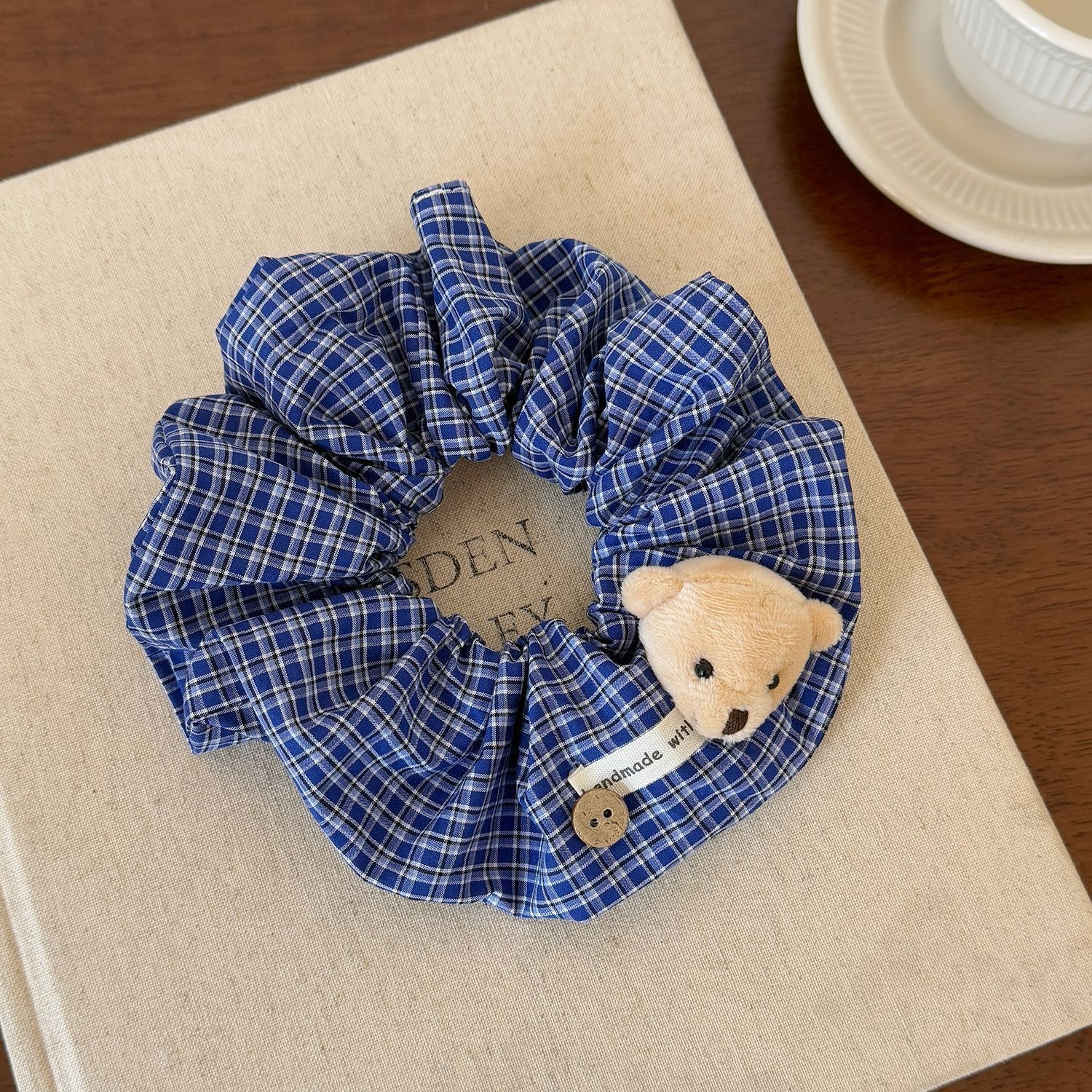 Women's Stylish Cloth Bowknot Scrunchie Blue Plaid Bear Pattern