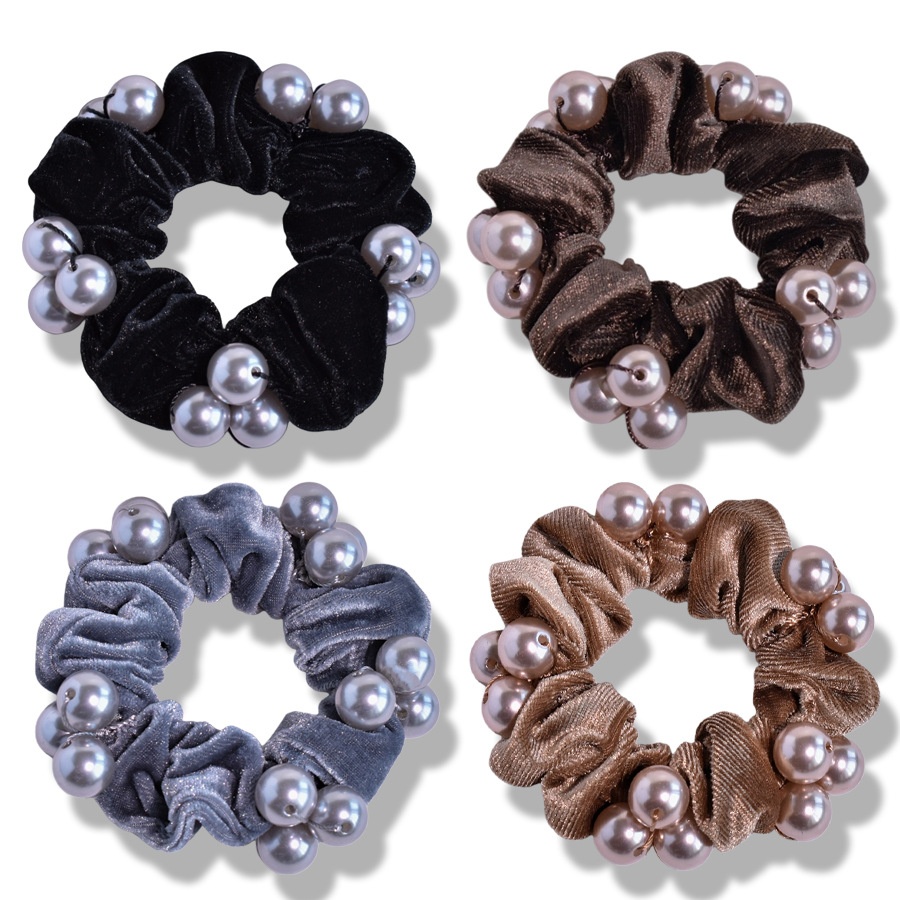 Women's Elegant Velvet Pearl Bow Hair Tie Dark Coffee Grey Black