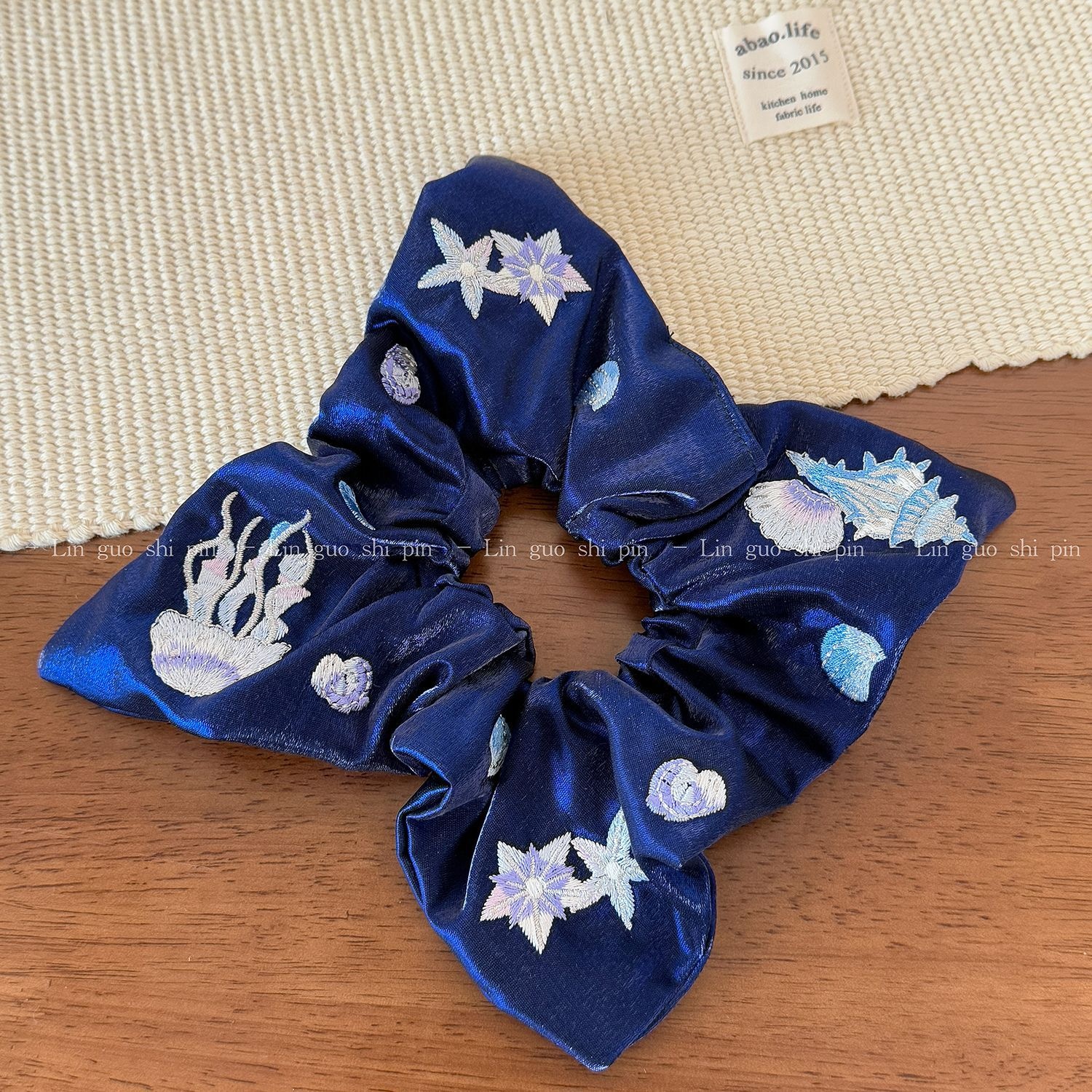 Women's Soft Cloth Hair Tie, Navy Blue Marine Starfish Shell Embroidery