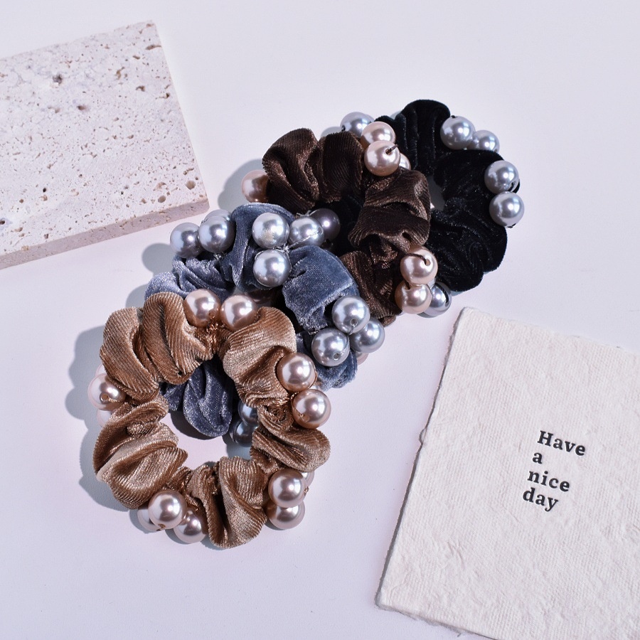 Women's Elegant Velvet Pearl Bow Hair Tie Dark Coffee Grey Black