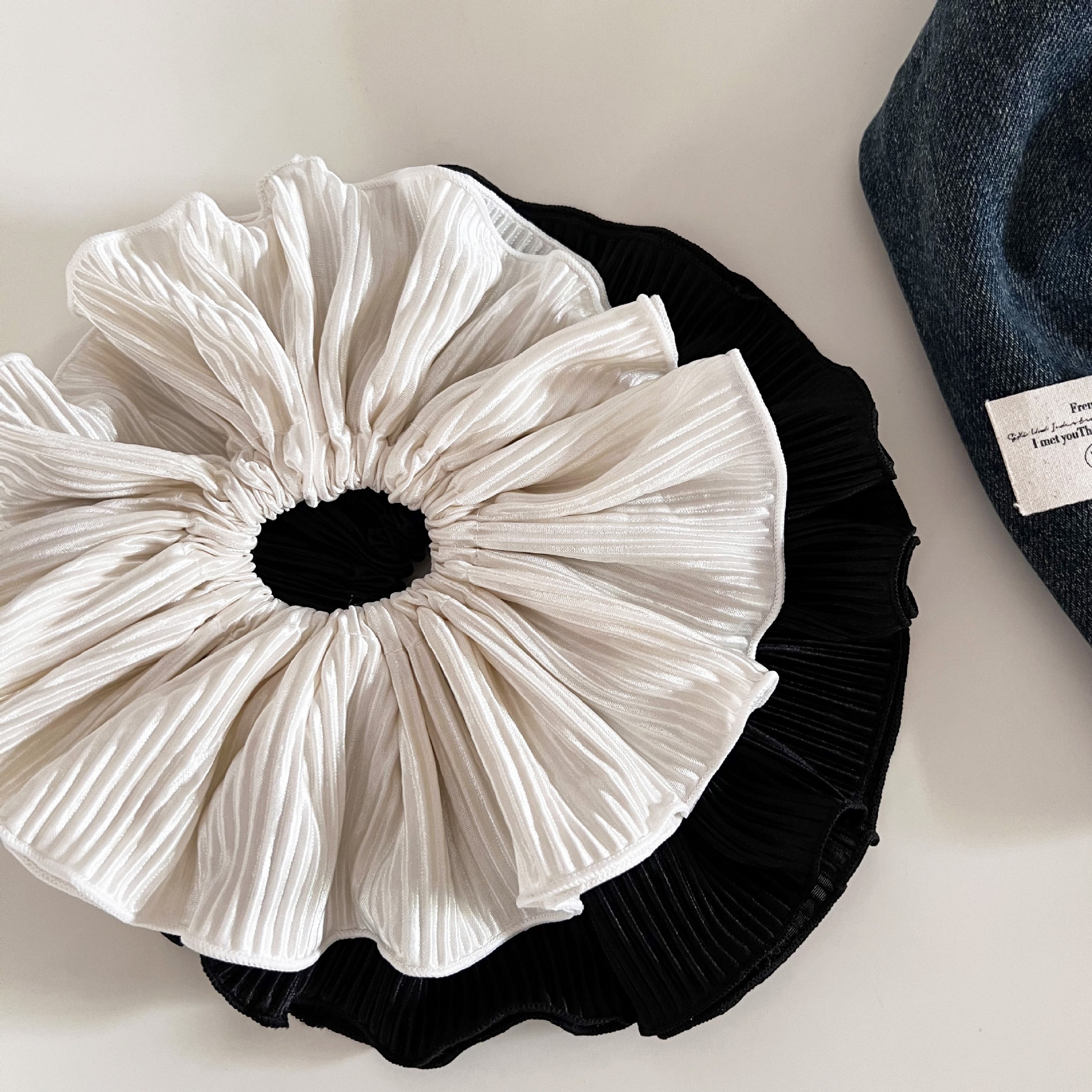 Women's French Shiny Pleated Cloth Ponytail Hair Tie Solid White Black