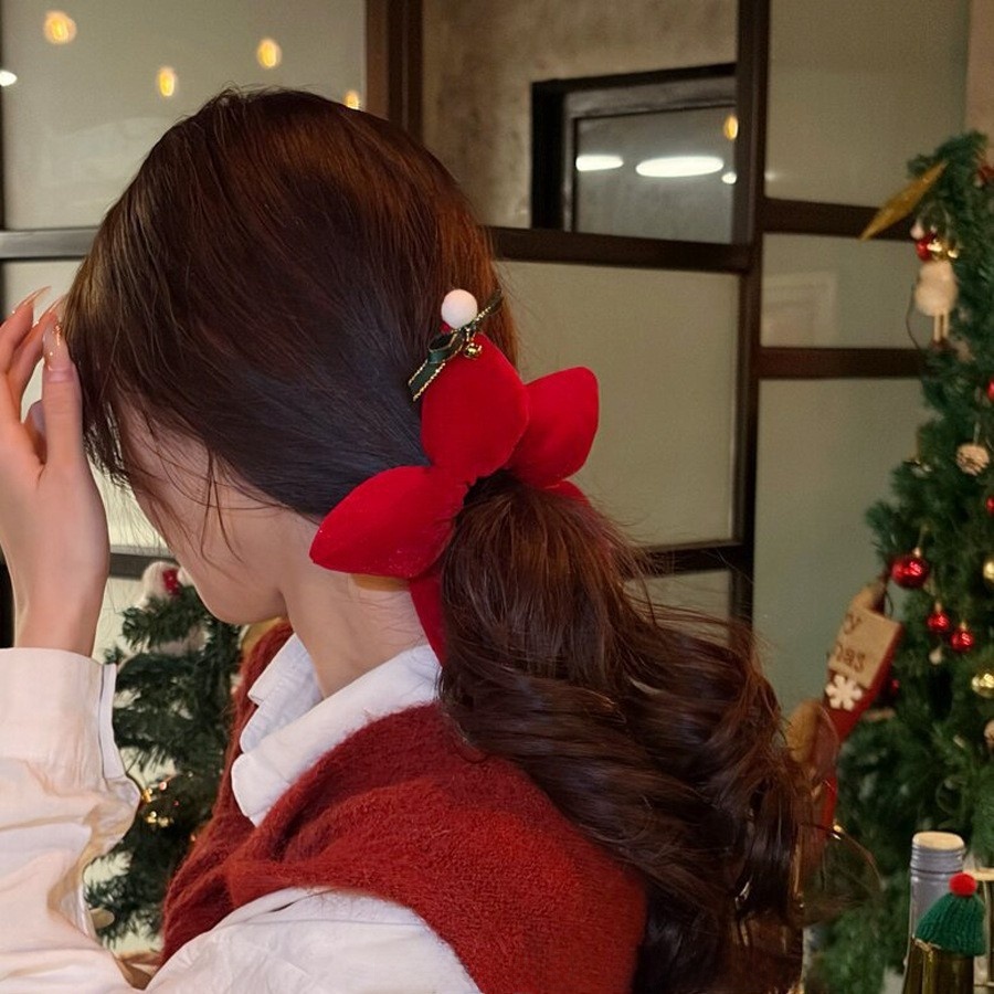 Women's Festive Cloth Scrunchie Hair Tie Red Star Christmas Tree