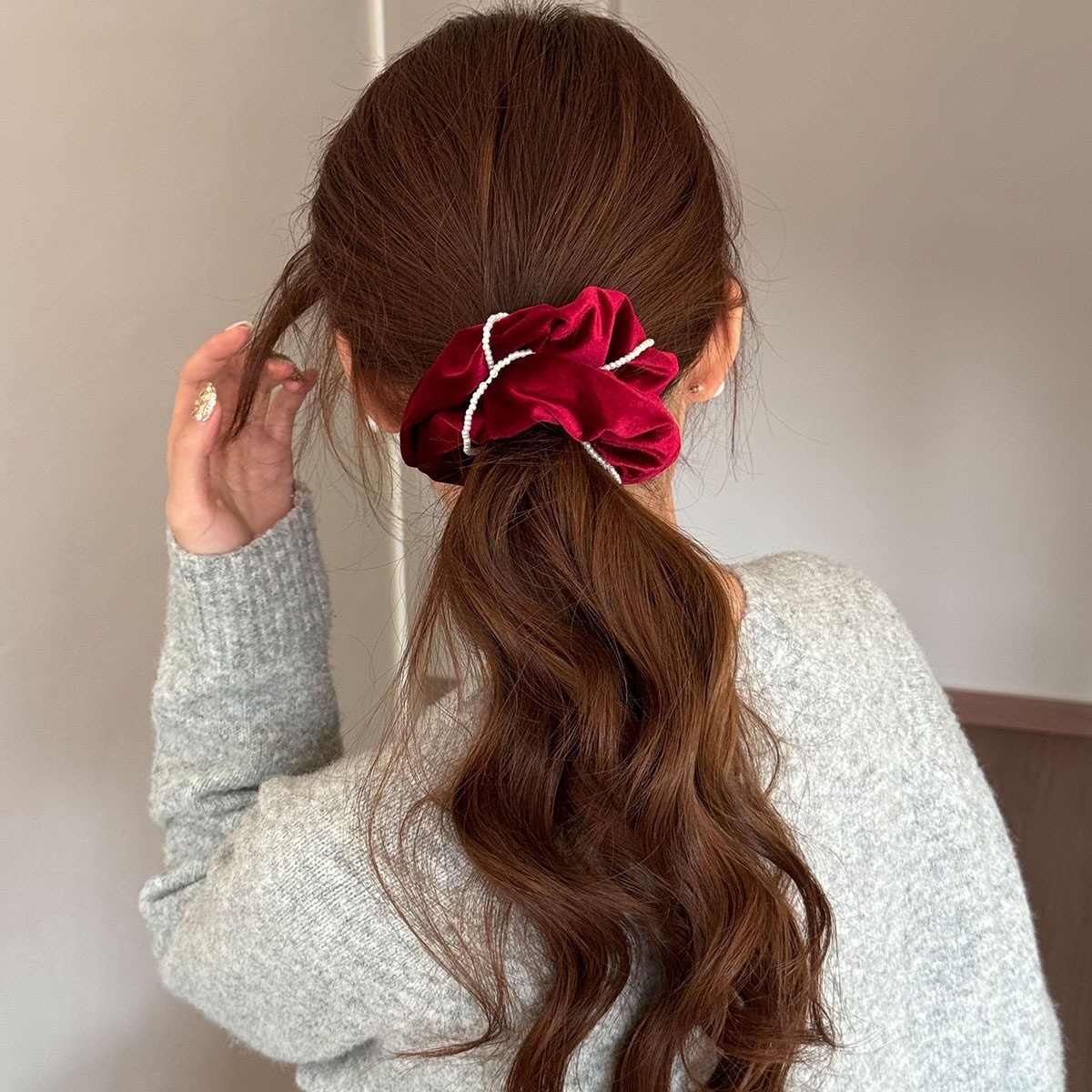 Women's New Year Velvet Pearl High Elastic Hair Band Solid Red