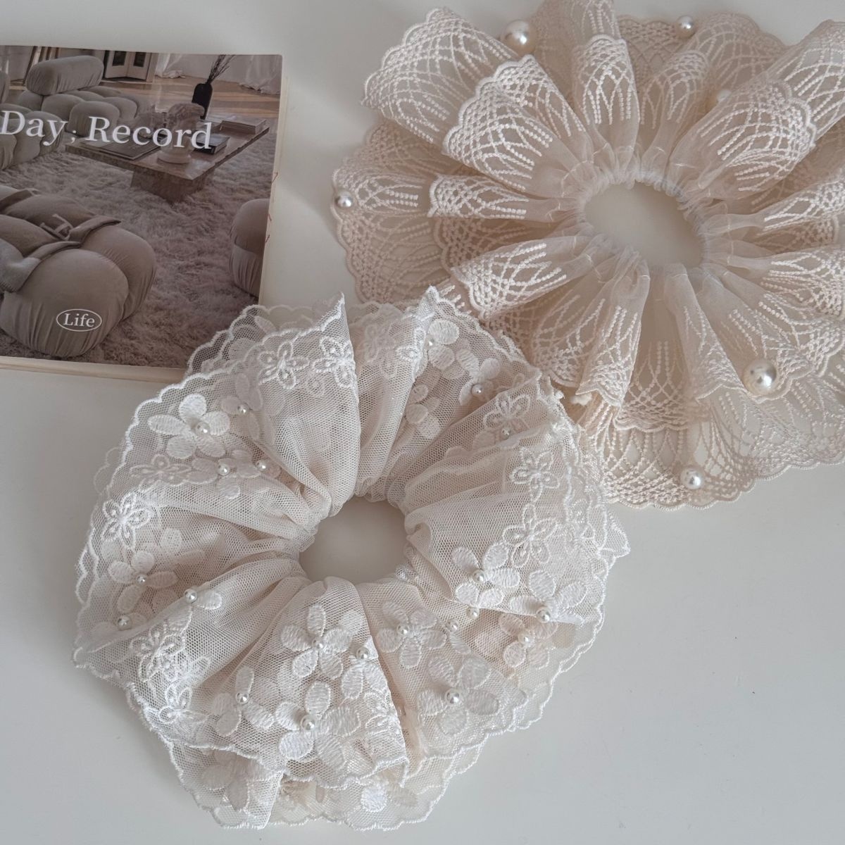 Women's Sweet Spring Soft Cloth Hair Tie Beige Floral Pearl Lace