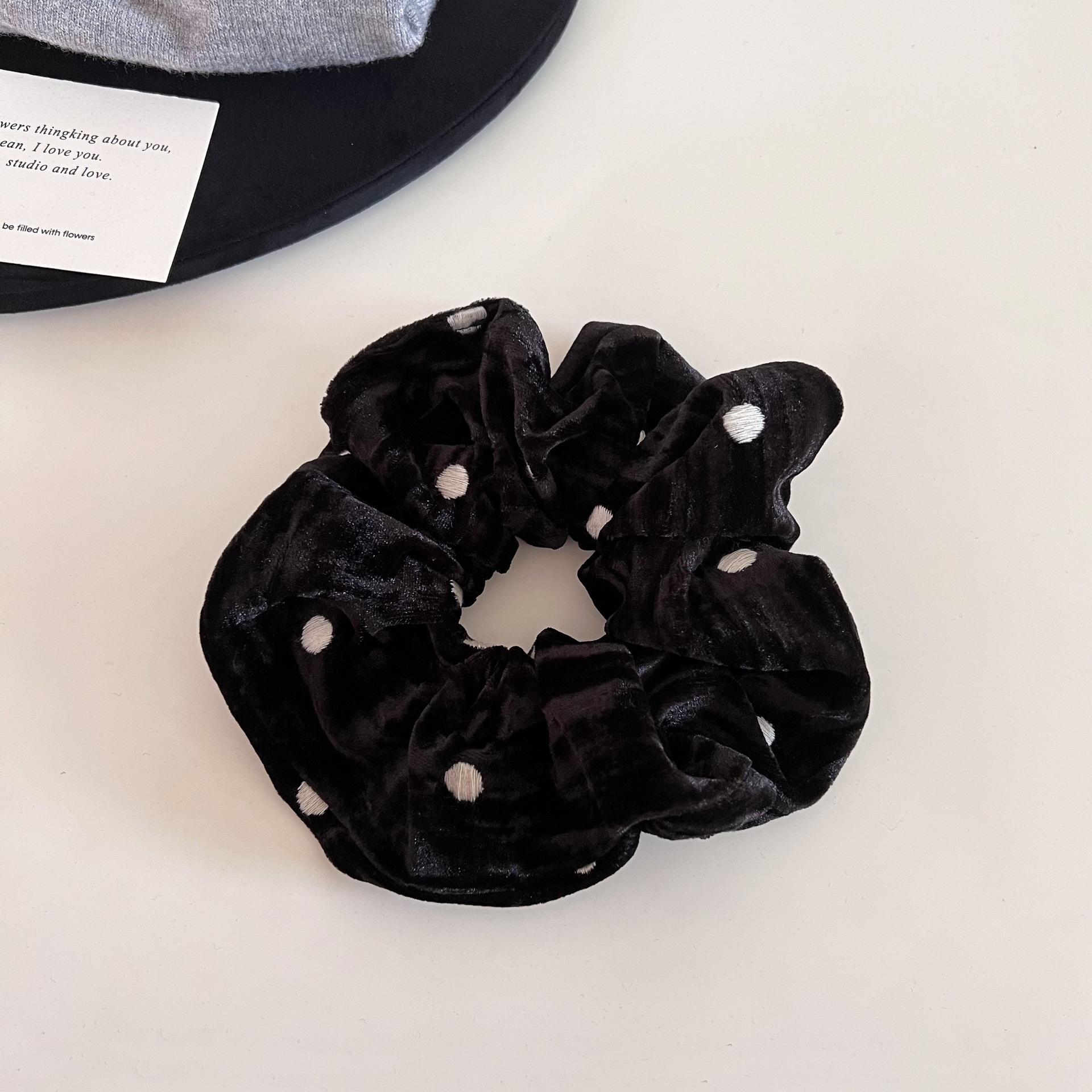 Women's Winter Velvet Ball Hair Tie For Elegant Bun Coffee Black Polka Dot