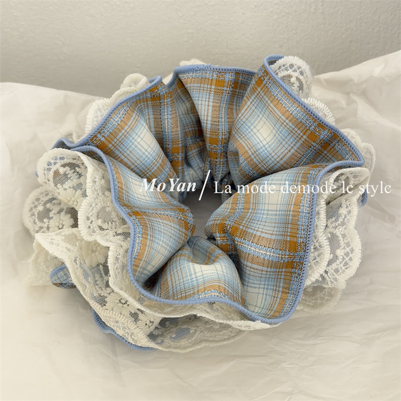 Women's Spring Cloth Hair Scrunchies Sweet Pink Checkered Plaid Lace