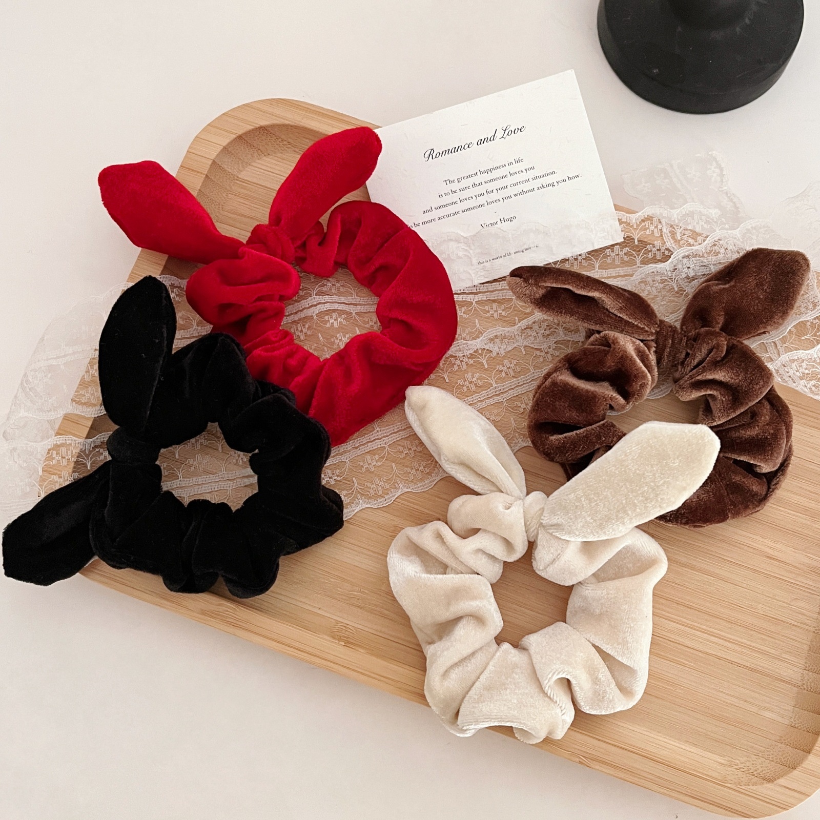 Women Velvet Bow Ponytail Hair Tie Solid Coffee Red Black Beige