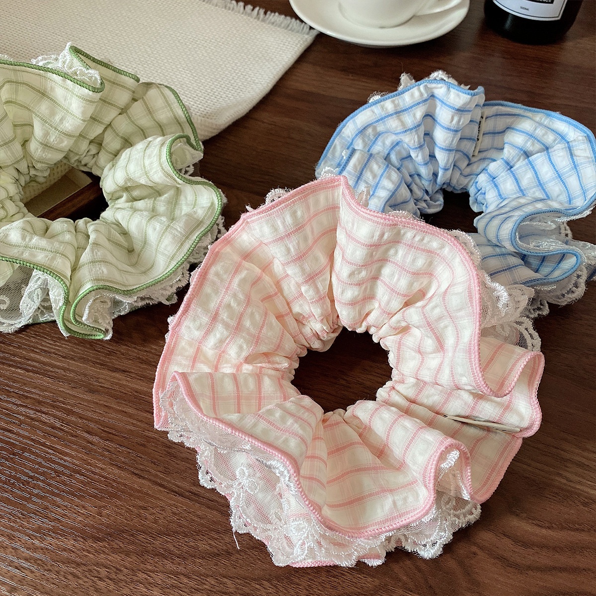 Women's Sweet Spring Soft Cloth Lace Bowknot Hair Tie Green Plaid