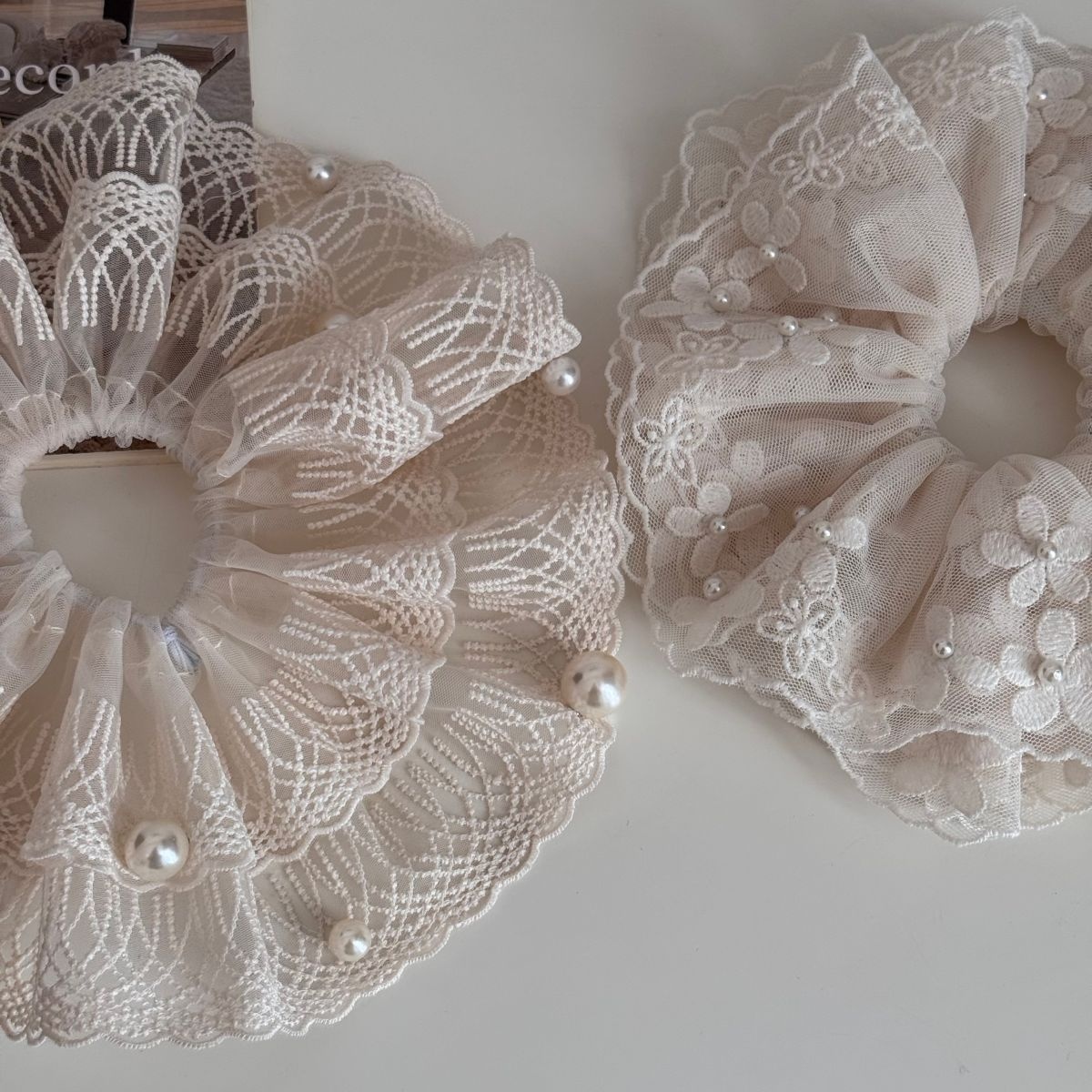 Women's Sweet Spring Soft Cloth Hair Tie Beige Floral Pearl Lace