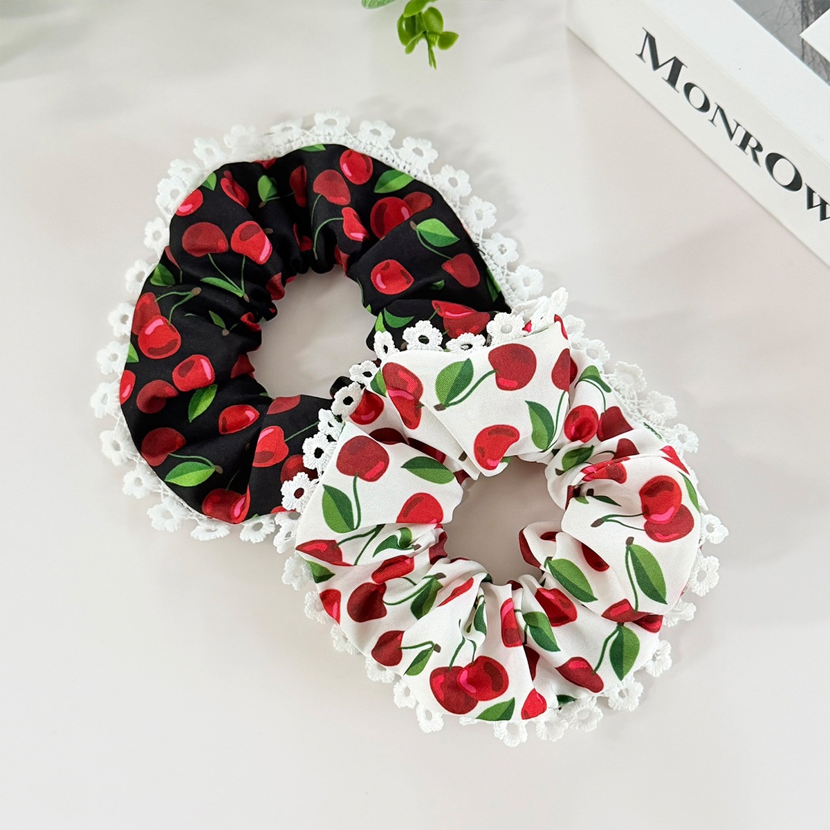 Women's Elegant Lace Cloth Hair Tie For Stylish Looks Cherry Pattern White