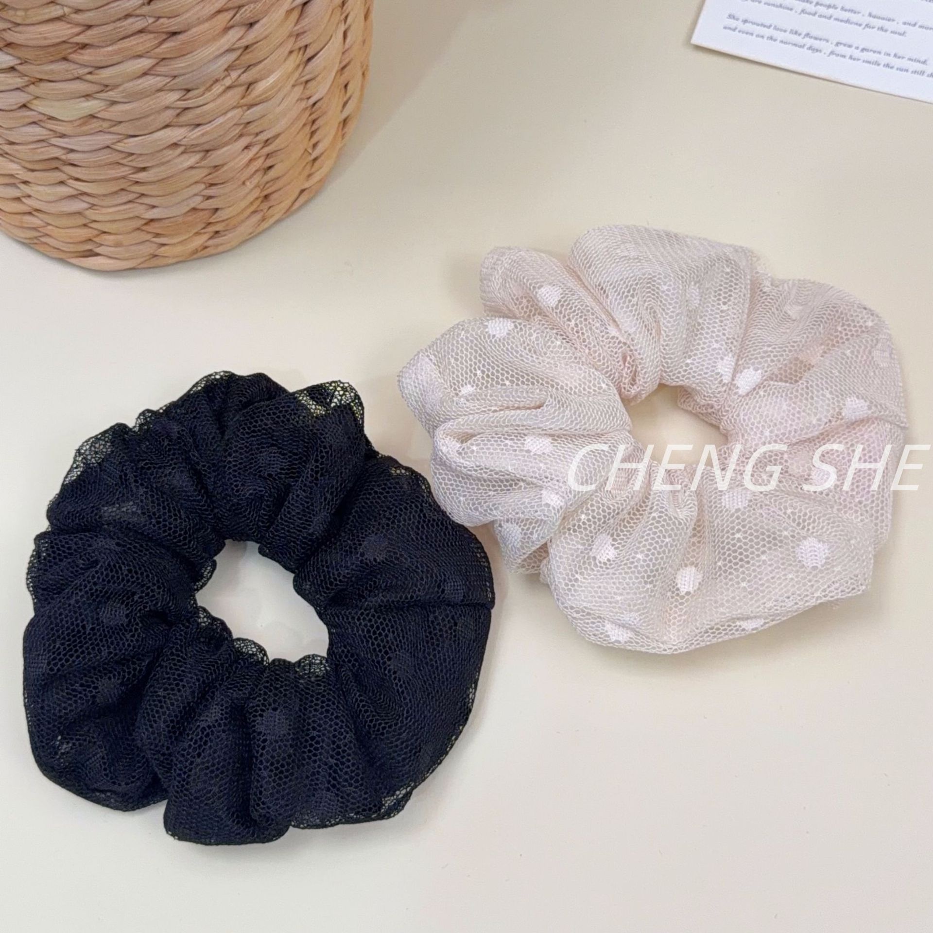 Women's Elegant Spring Soft Gauze Hair Tie Beige Polka Dots