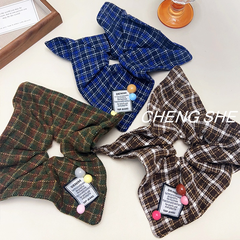 Women's Large Plaid Scarf Hair Tie High Elasticity Fabric Ponytail Holder