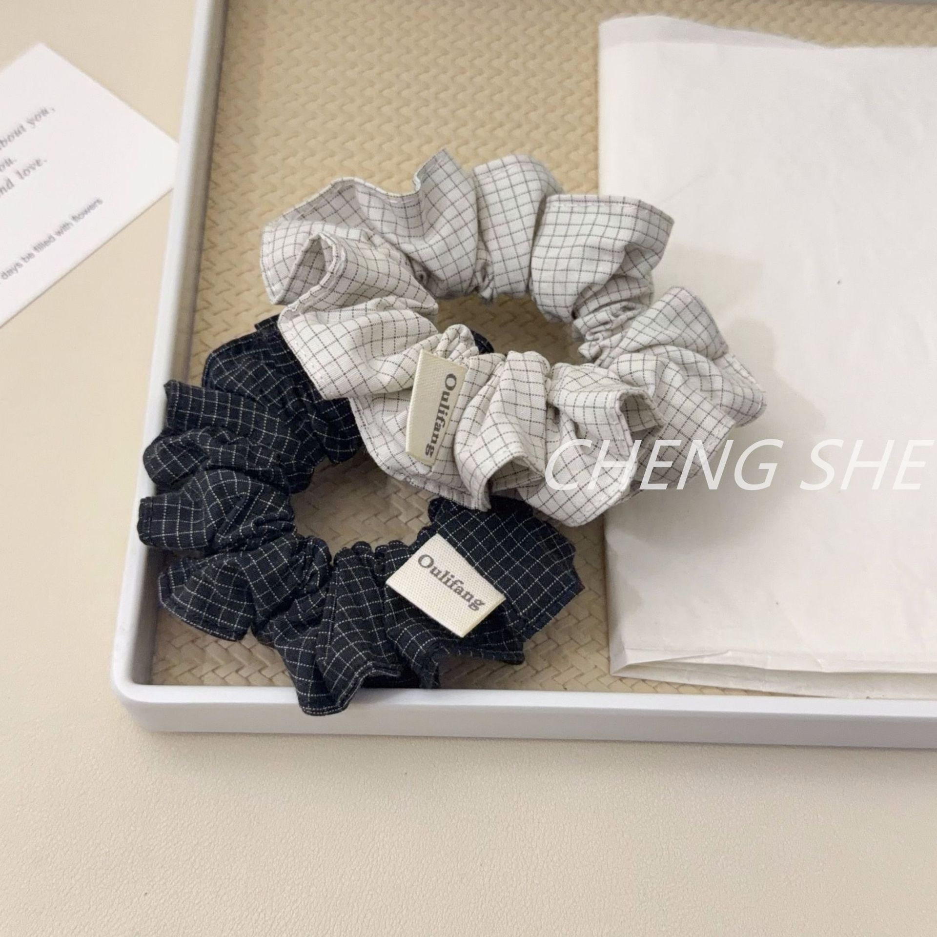 Women's Vintage Soft Cloth Hair Tie Spring Season Accessory Black Plaid