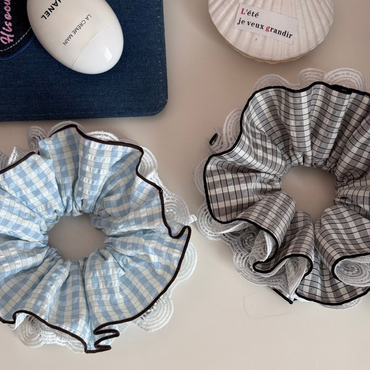 Women's Spring Retro Cloth Hair Tie Scrunchie Blue Black Plaid