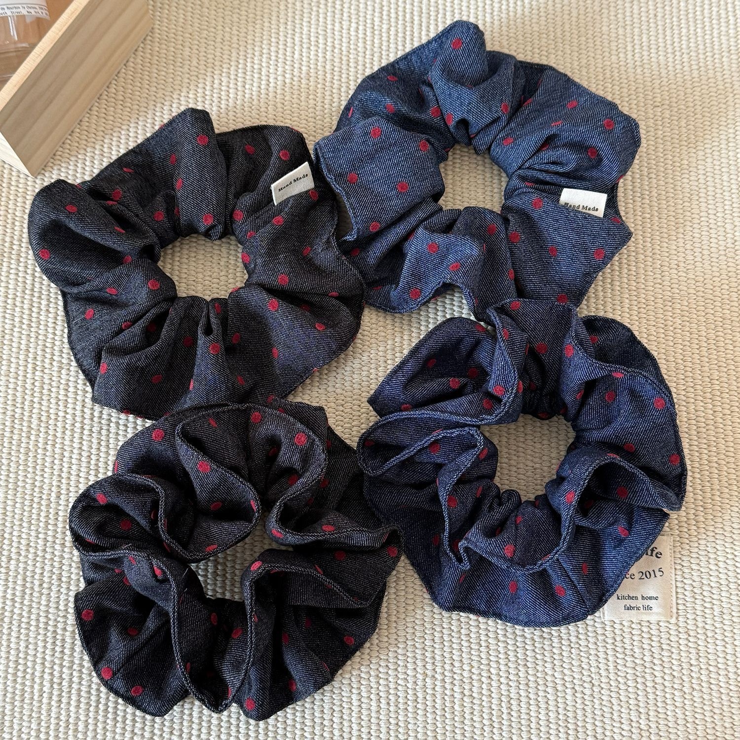 Women Large Denim Fabric Flower Tail Bun Hair Tie Multicolor Spot