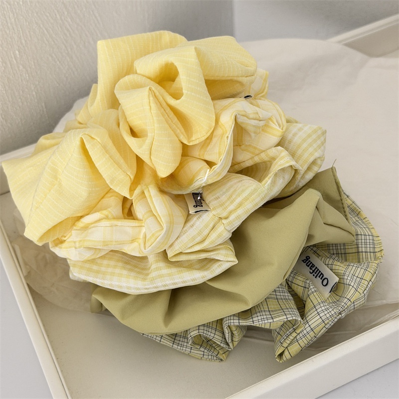Women's Spring Korean Cloth Hair Tie Scrunchie Yellow & Green Plaid