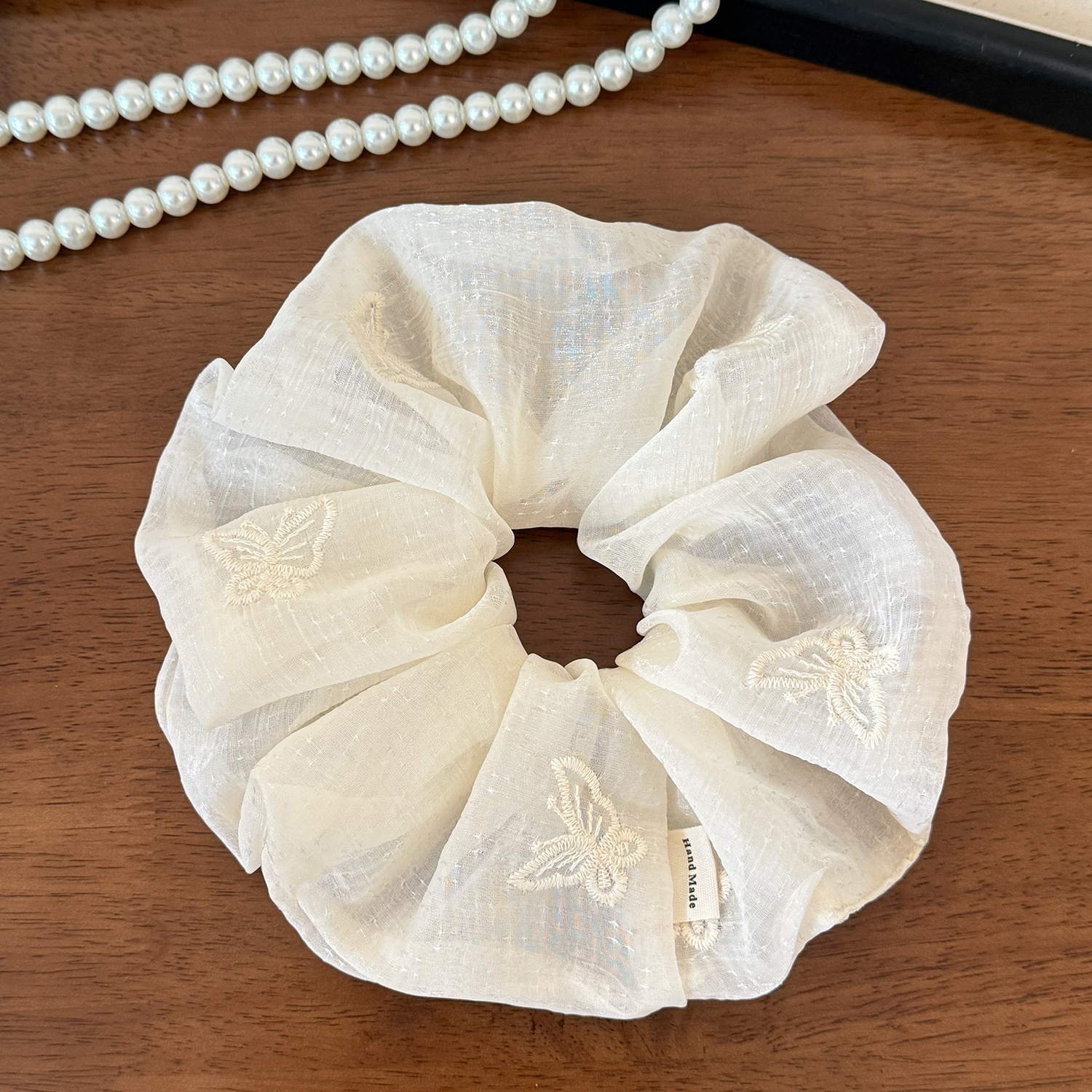 Women's Spring Soft Gauze Hair Tie Beige Floral Butterfly Embroidery