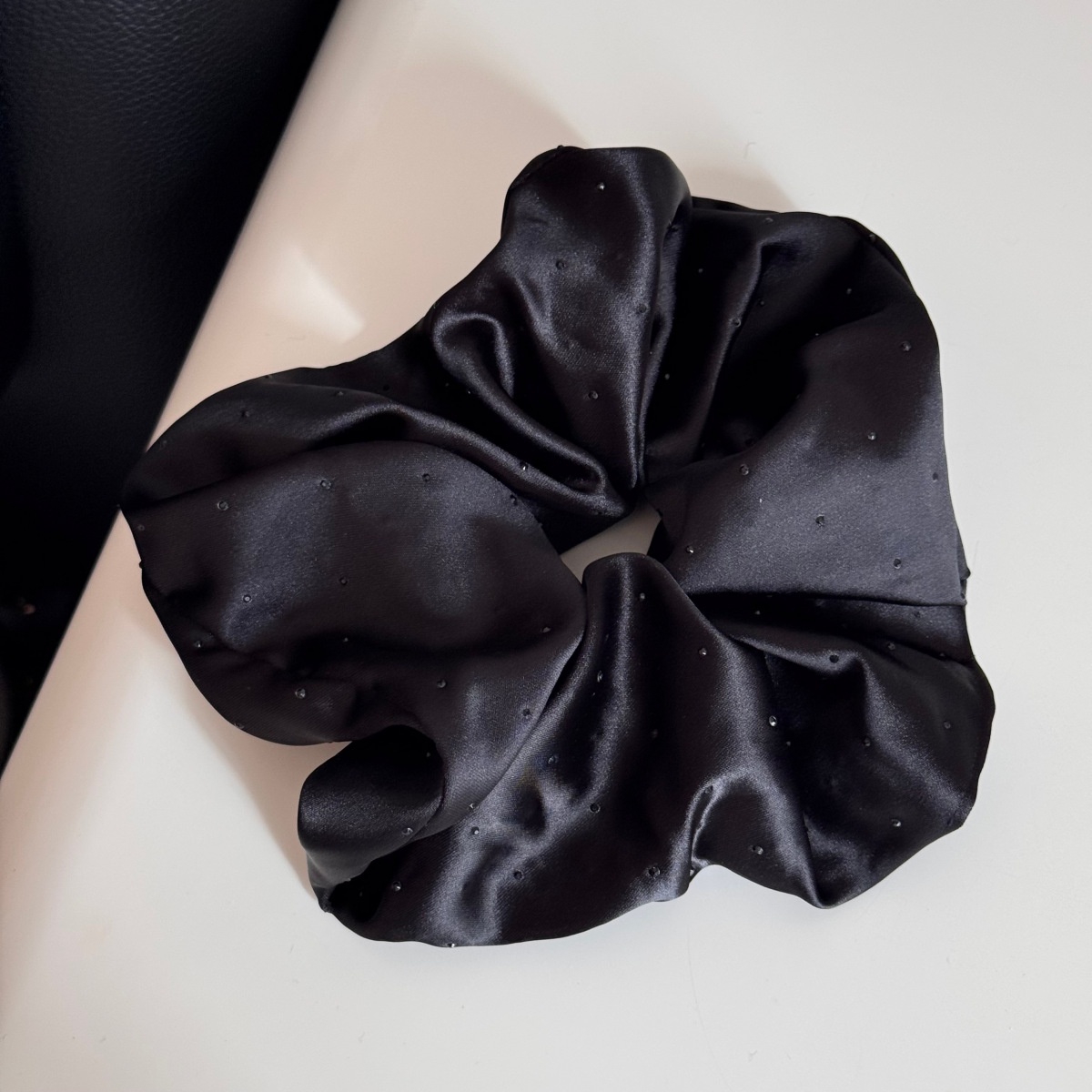 Women's Elegant Spring Satin Hair Tie Scrunchie in Beige Polka Dots