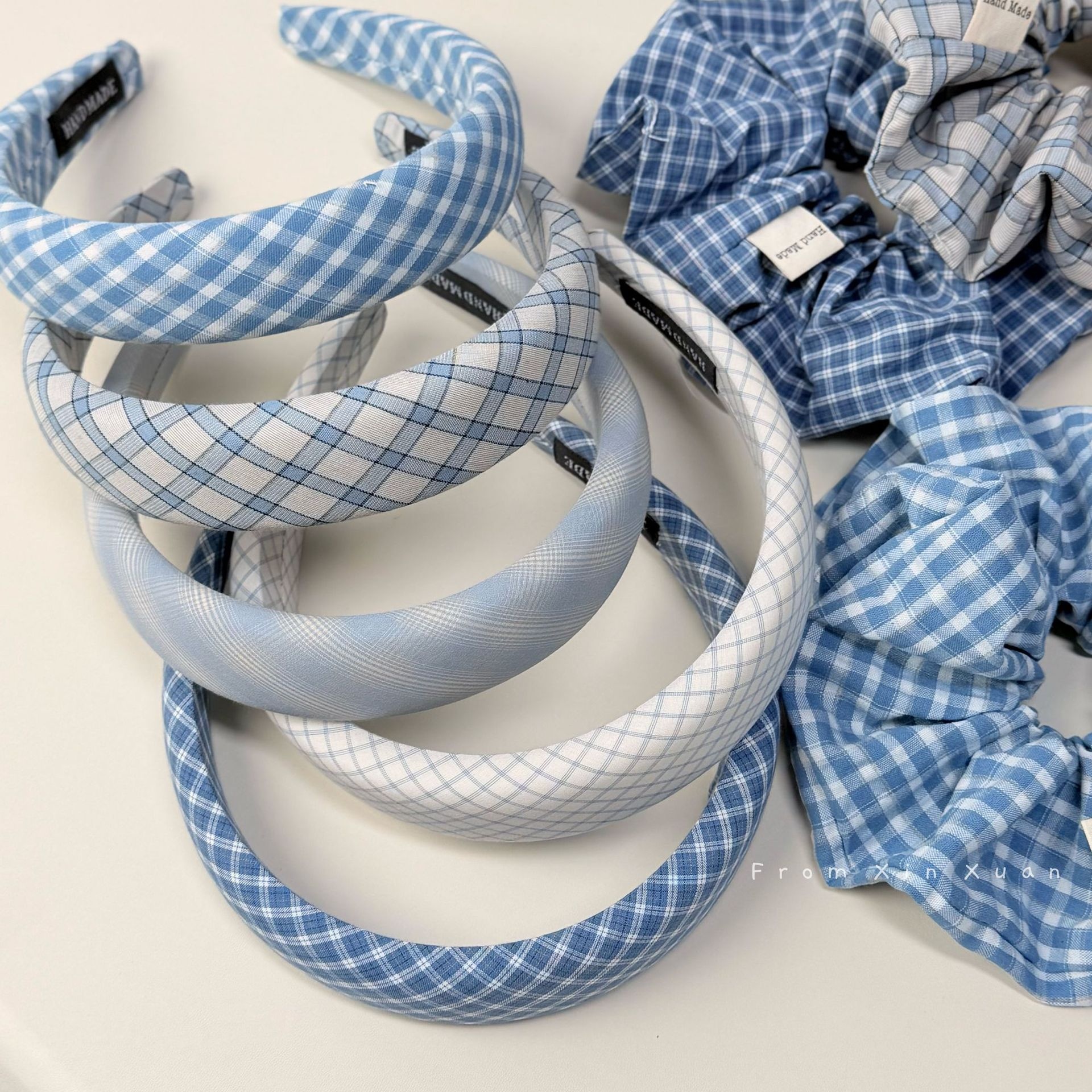 Women Sweet Cloth Hair Band Spring Daily Wear Blue Plaid Pattern
