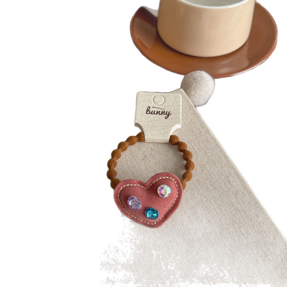 Girls High Elastic Velvet Bubble Hairband Rhinestone Heart Shape