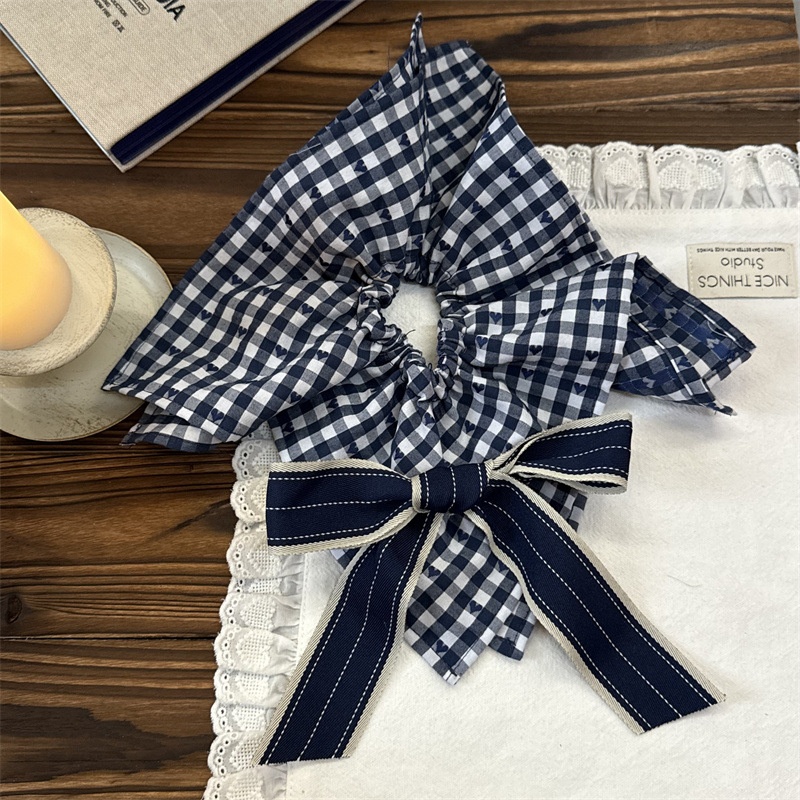 Women's Casual Cloth Bow Hair Scrunchie Dark Blue Checkered Plaid