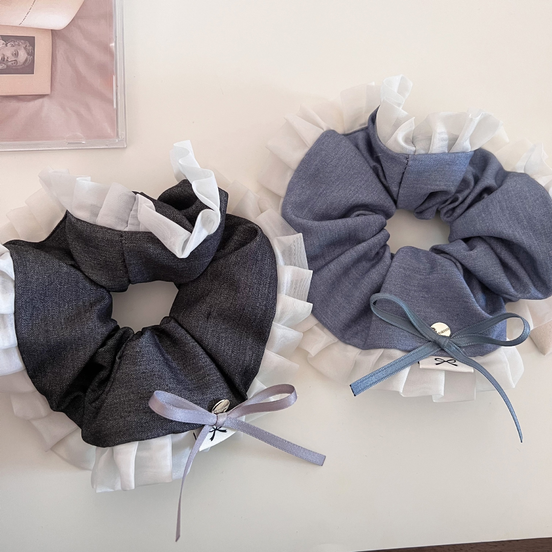 Women's Spring Sweet Cloth Ruffle Bowknot Scrunchie Hair Tie Dark Grey