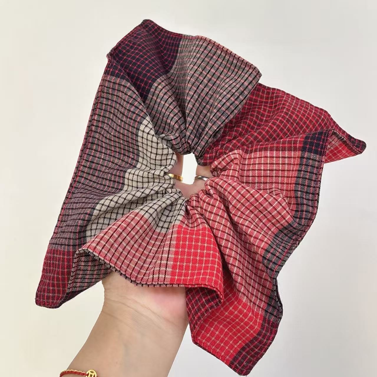 Women's Fabric Scarf Ponytail Hair Tie Artistic Red Purple Plaid