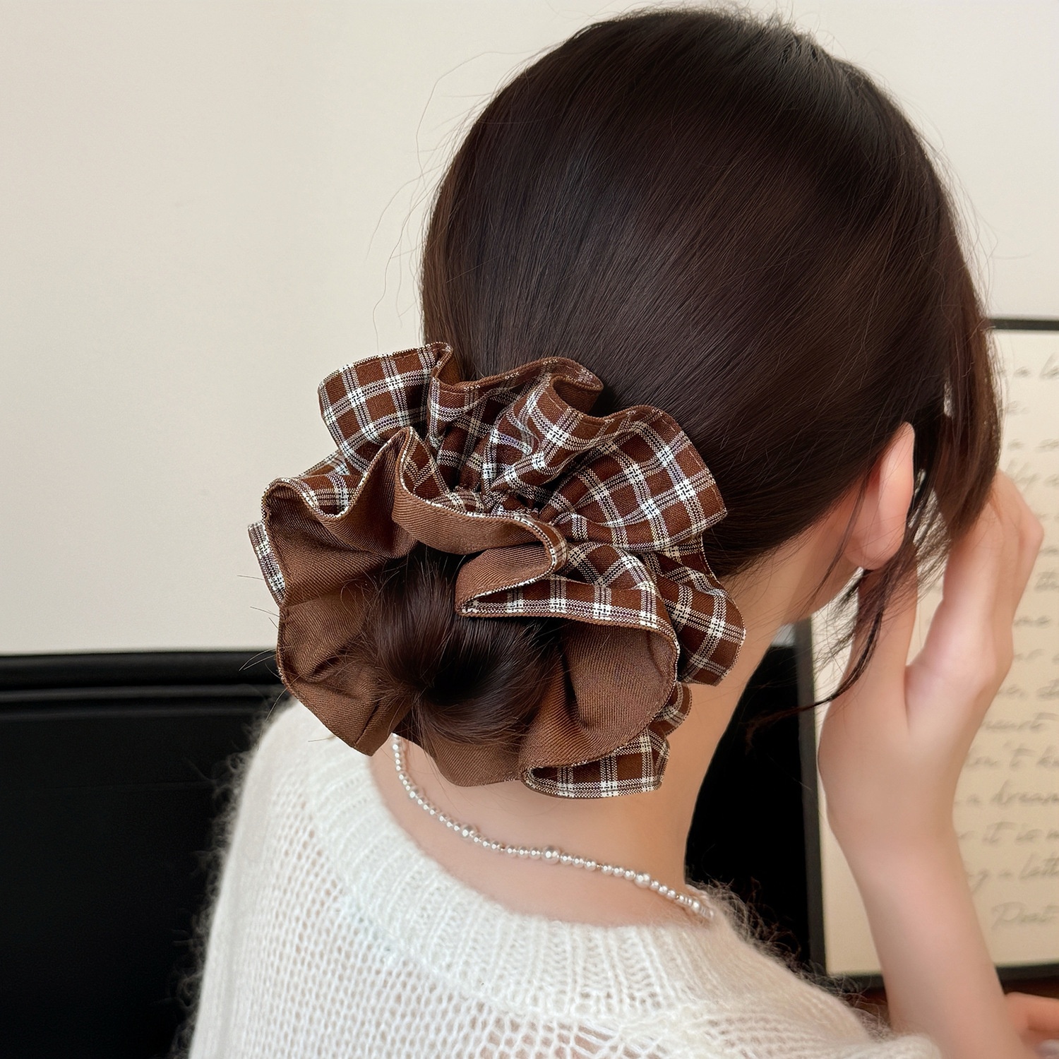 Women's Retro Cloth Flower Bud Hair Ties Double Layer Plaid Scrunchies